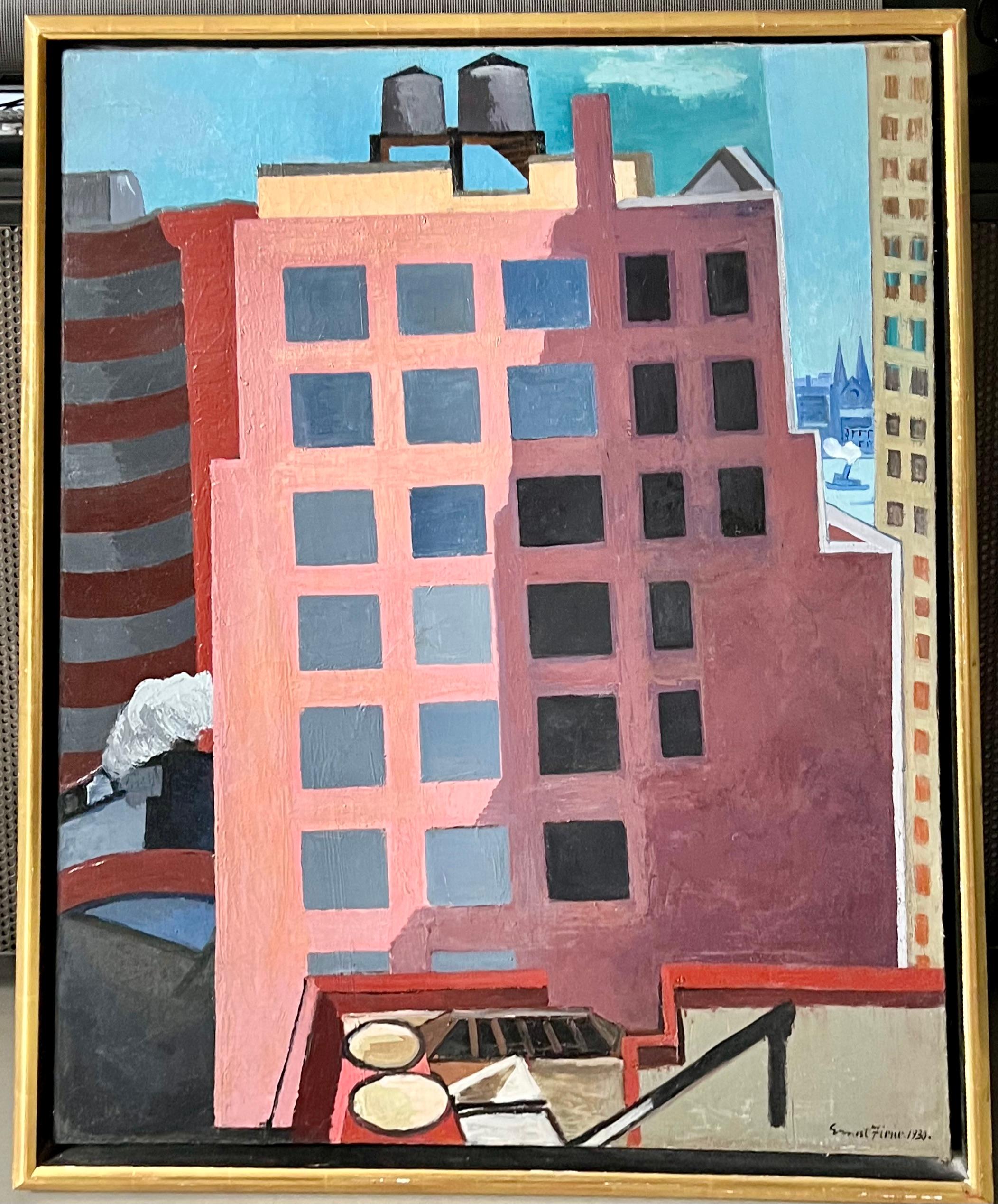 NYC Cityscape Amerikanische Szene WPA Moderner Realismus Mitte des 20. Jahrhunderts Architektur – Painting von Ernest Fiene