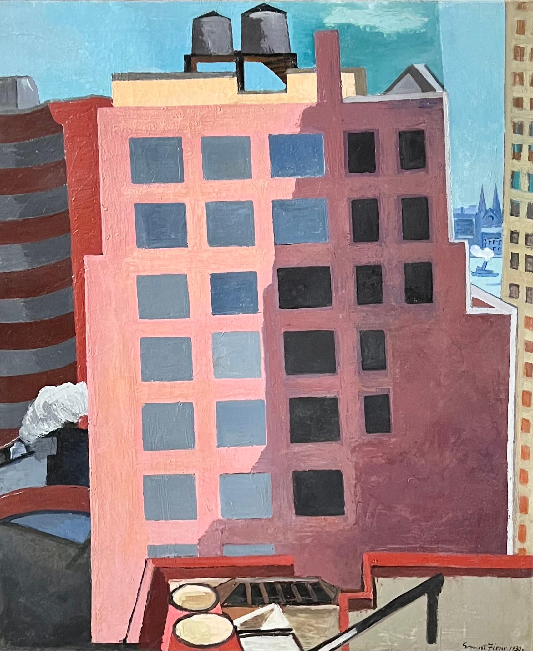 Ernest Fiene Landscape Painting – NYC Cityscape Amerikanische Szene WPA Moderner Realismus Mitte des 20. Jahrhunderts Architektur