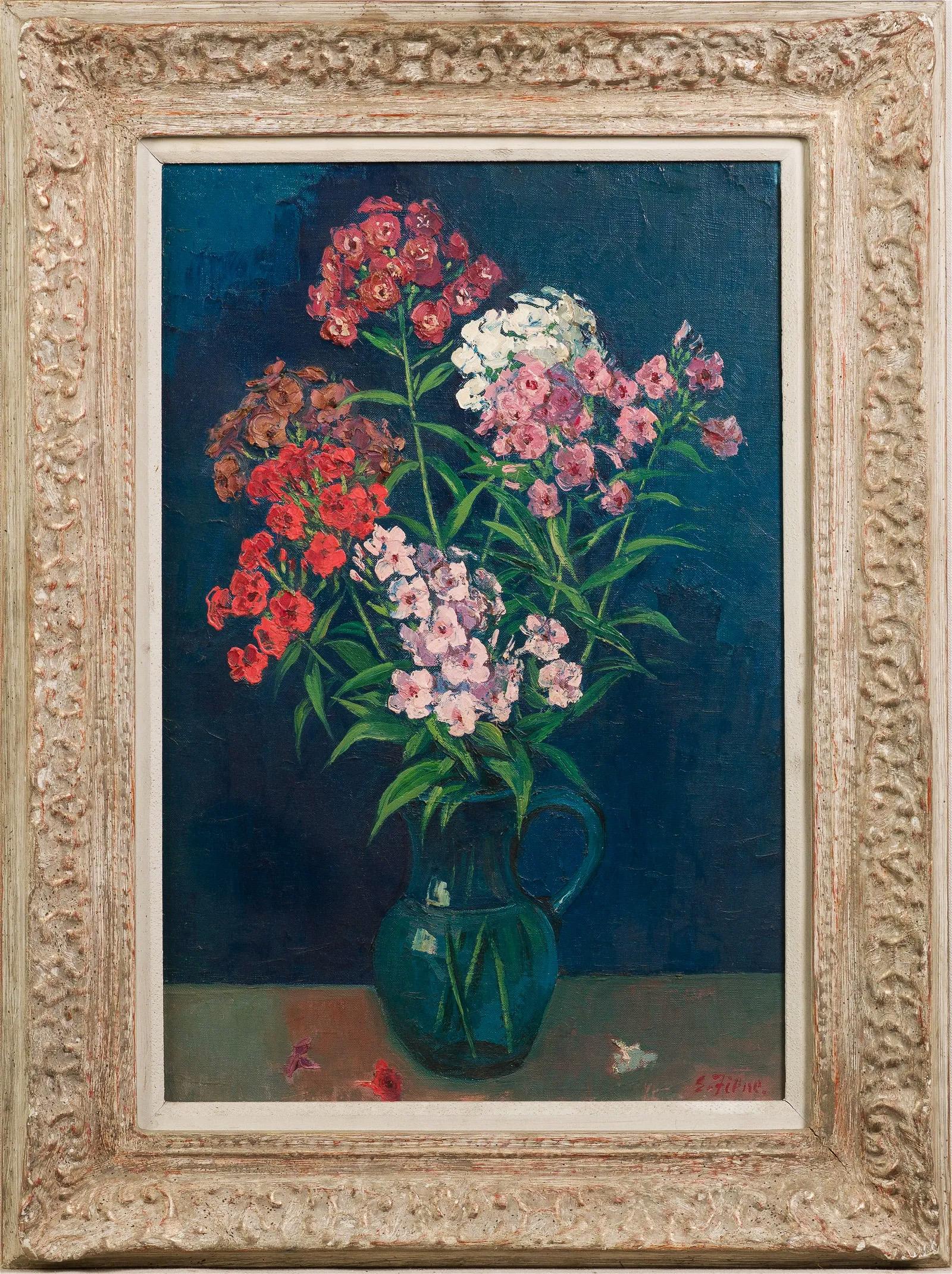 Ernest Fiene Abstract Painting – Phlox-Blumen-Stillleben, Ölgemälde, antik, ausgestelltes, großes gerahmtes Ölgemälde