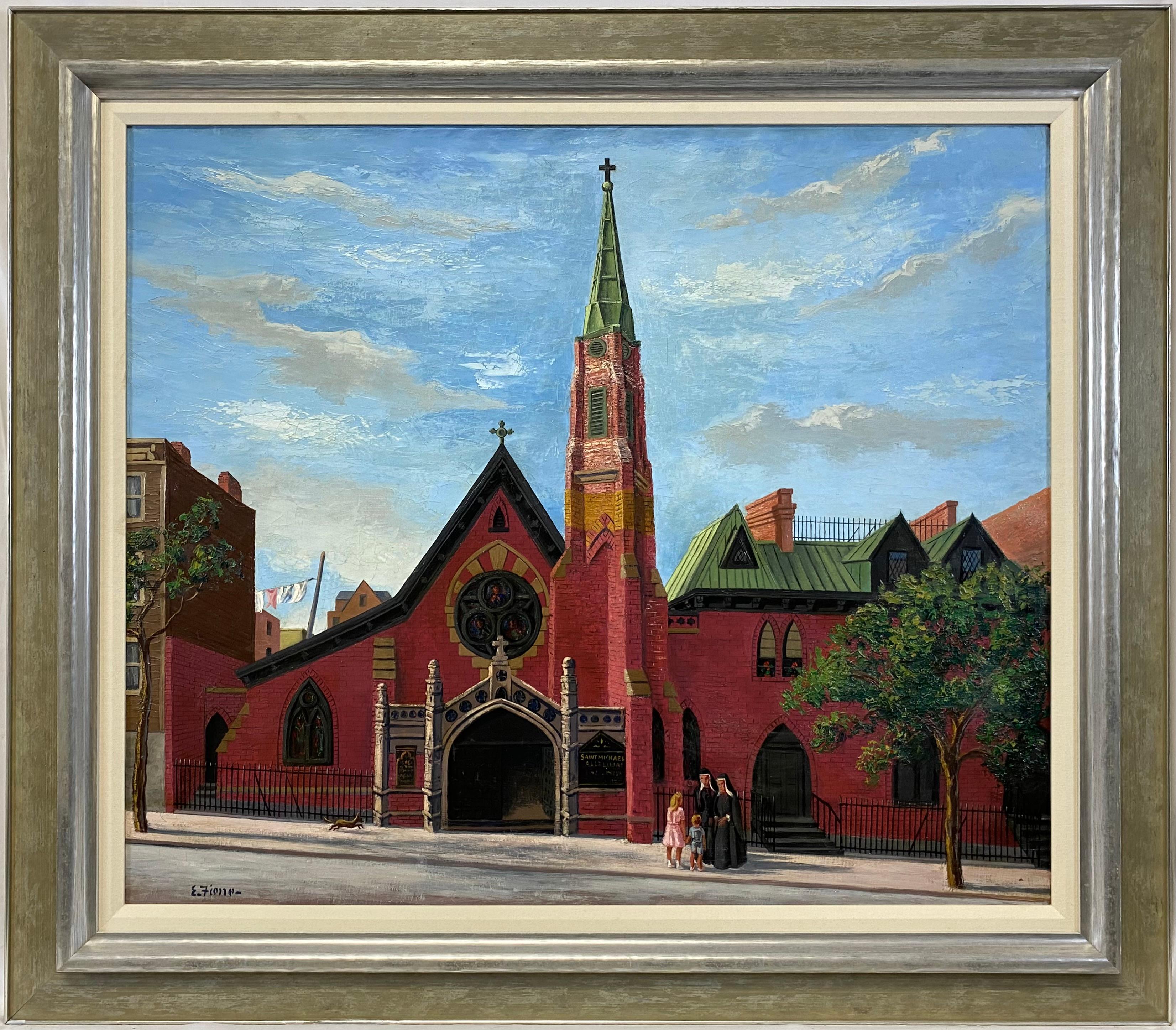 Ernest Fiene Landscape Painting – "St. Michael
s in Brooklyn", New York City Straßenszene, Signiert, Ausgestellt
