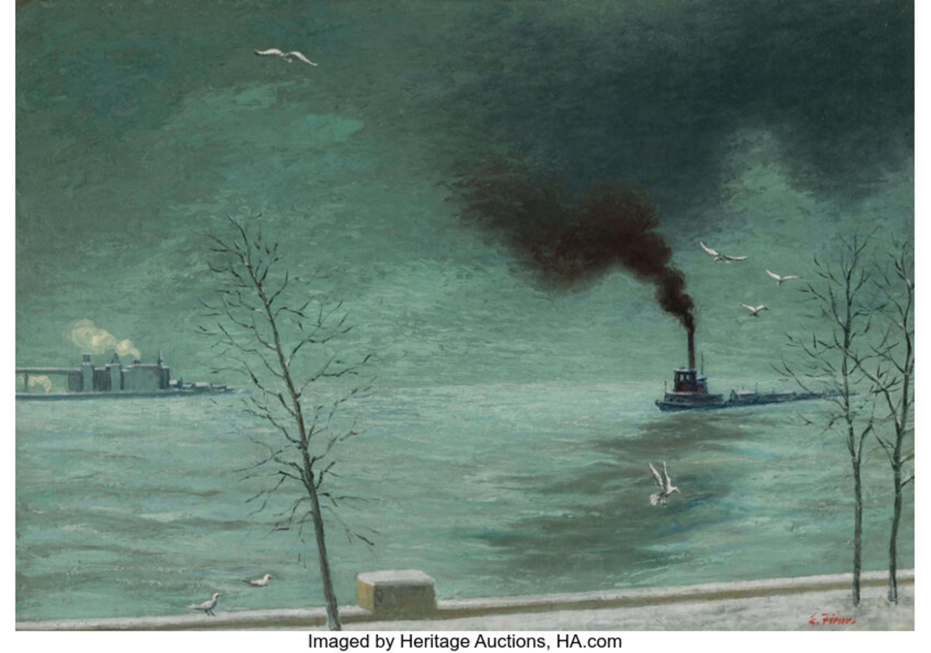 Ernest Fiene
Tugboat in New York Harbor
Signed lower right
Oil on canvas
24 1/2 x 34 1/2 inches


Ernest Fiene was born in Elberfeld, Germany in 1894. As a teenager, Fiene immigrated to the United States in 1912. He studied art at the National