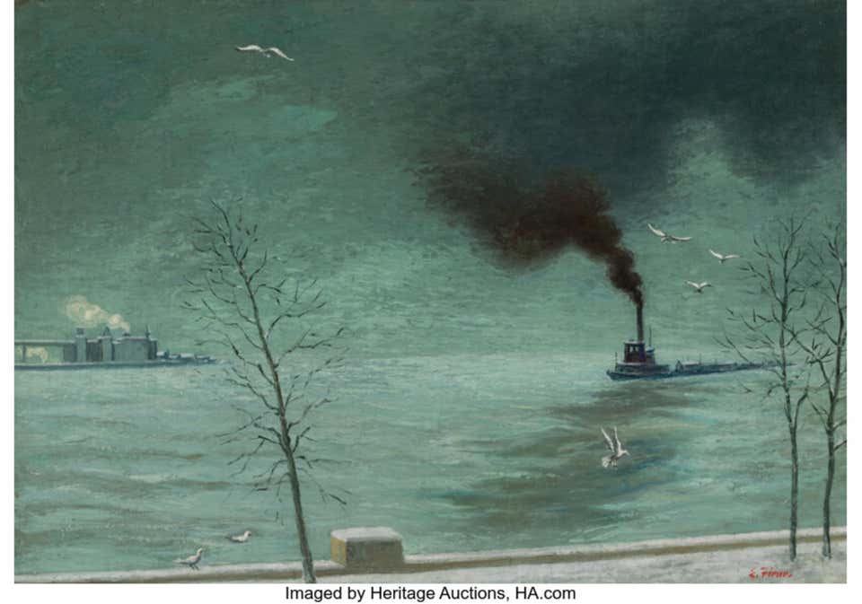 "Tugboat in New York Harbor" Ernest Fiene, Modernist, WPA, Cloudy Horizon