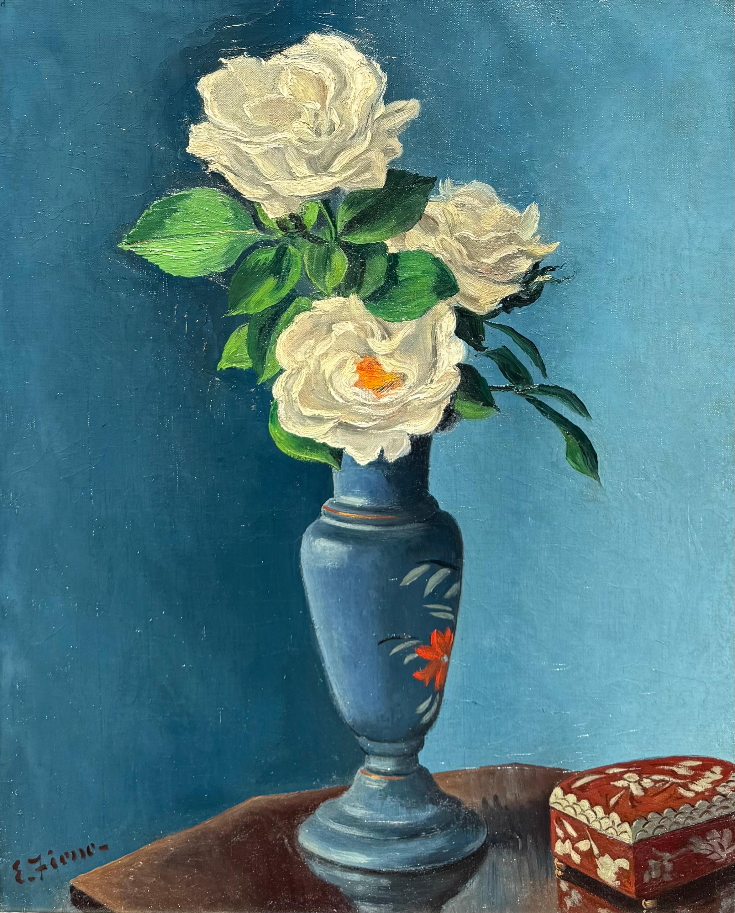 “White Roses in Blue Vase” - Painting by Ernest Fiene