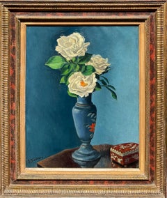 “White Roses in Blue Vase”