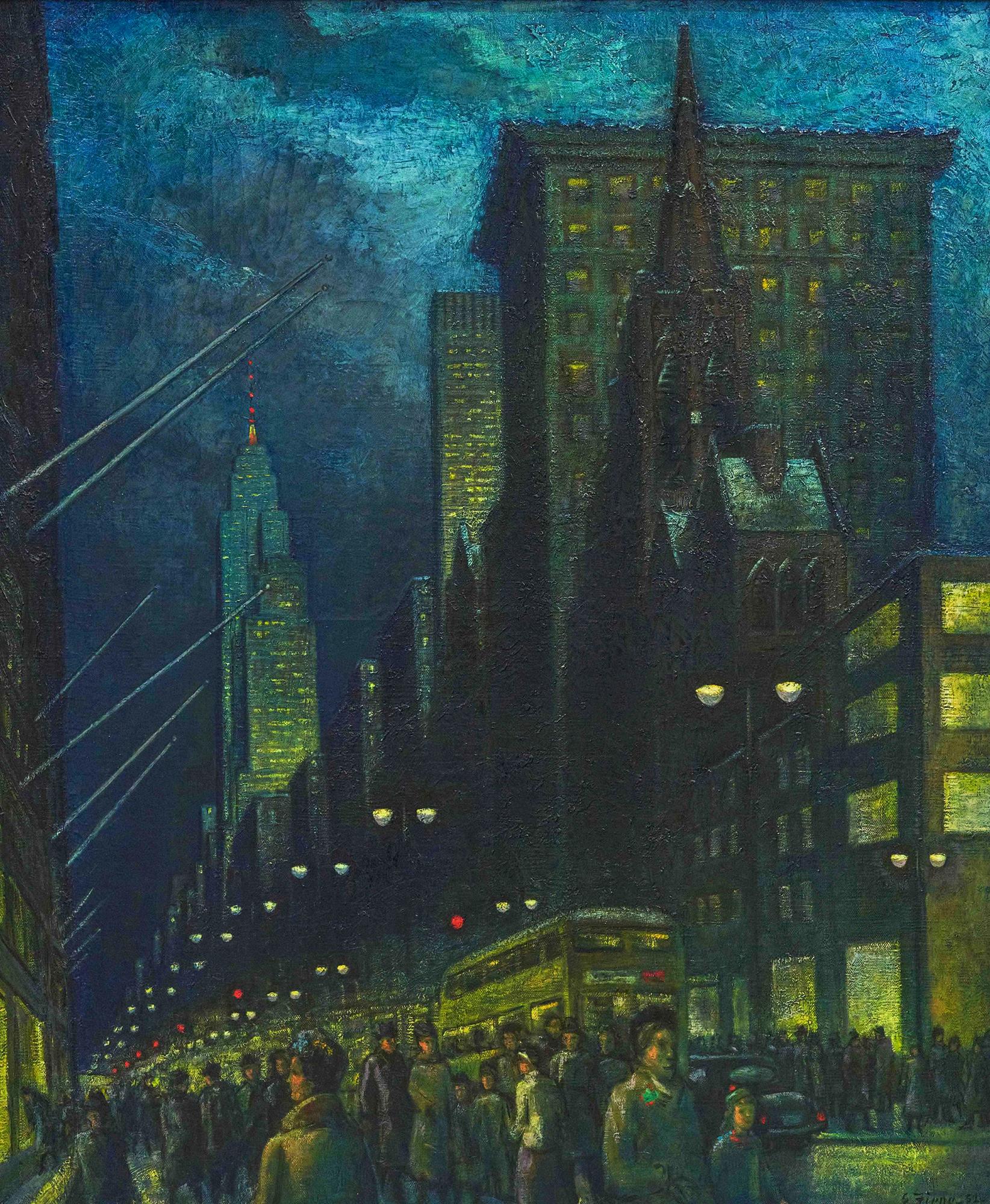 Landscape Painting Ernest Fiene - Fifth Avenue, soirée d'hiver - New York à la nuit