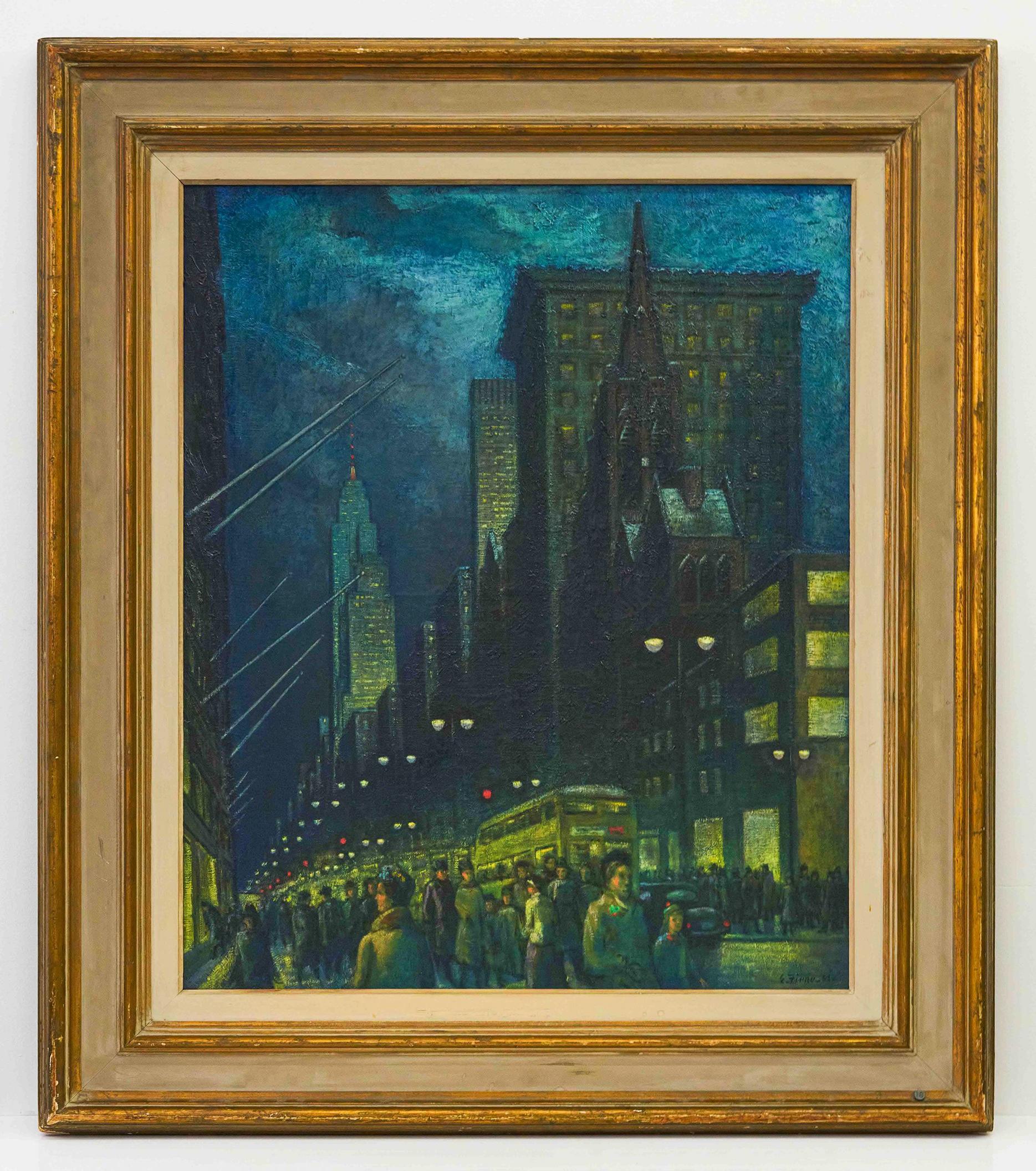 Winterabend Fifth Avenue – New York bei Nacht – Mid-Century. – Painting von Ernest Fiene