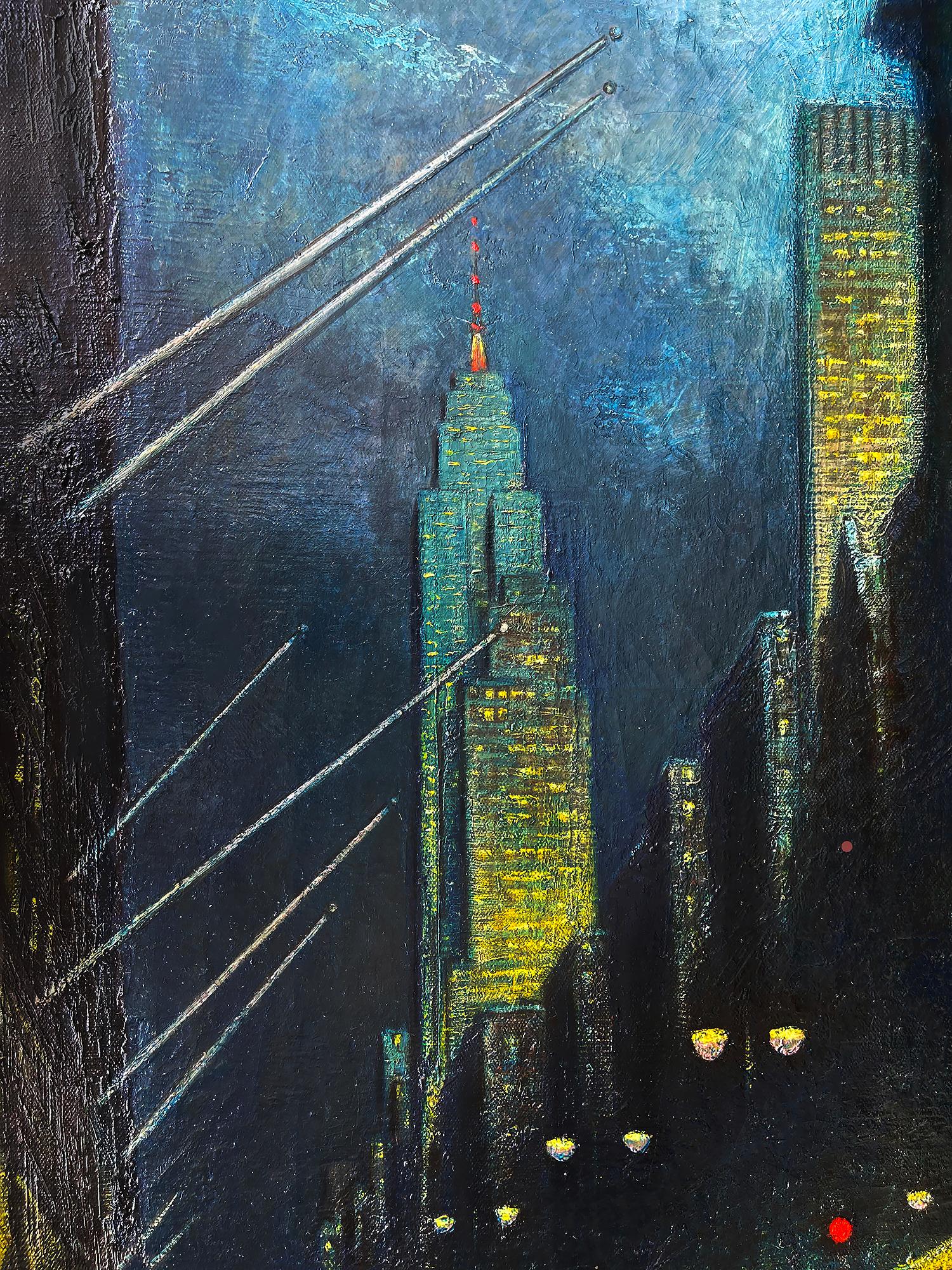 Winter Evening Fifth Avenue - New York at Night - Mid-Century. - Post-Impressionist Painting by Ernest Fiene