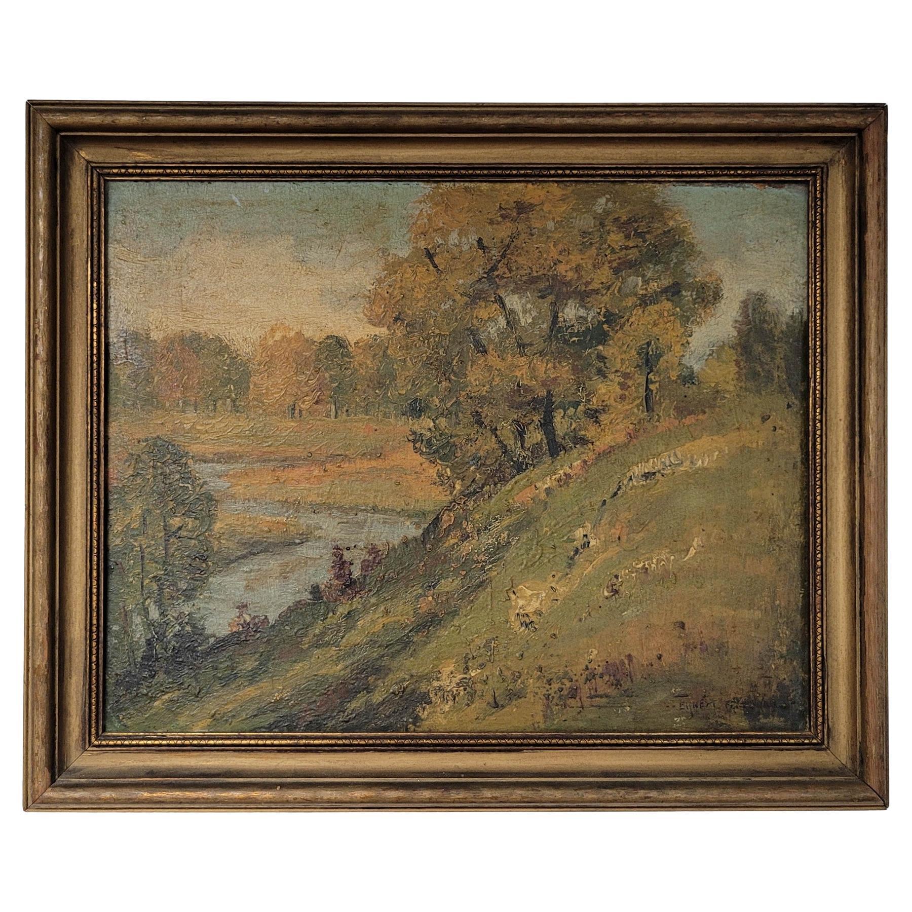Ernest Fredericks Autumn River Landscape, Oil on Board, American Impressionist For Sale