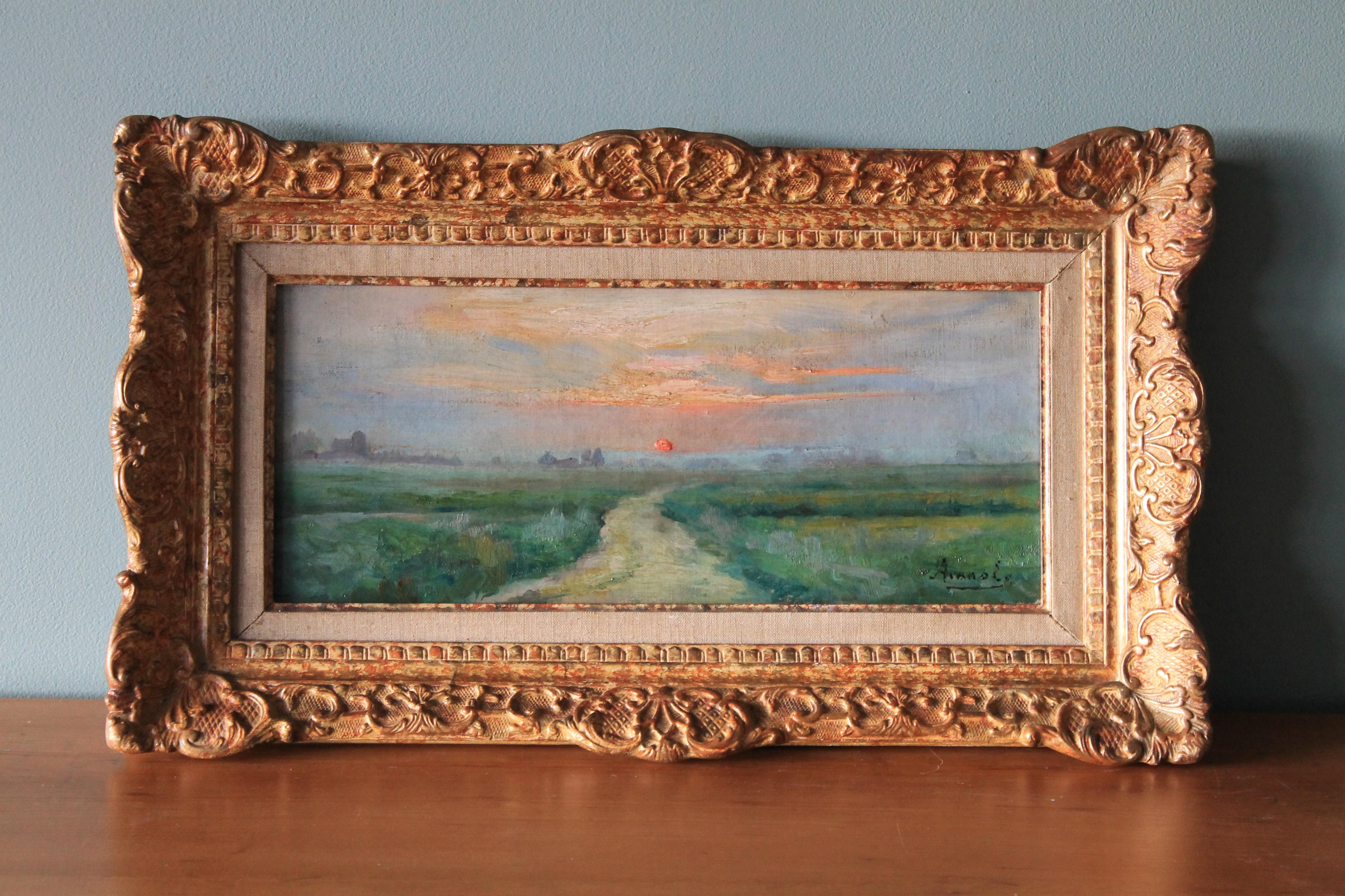 Antique landscape oil painting of a setting sun by Ernest Gaston Amas 1