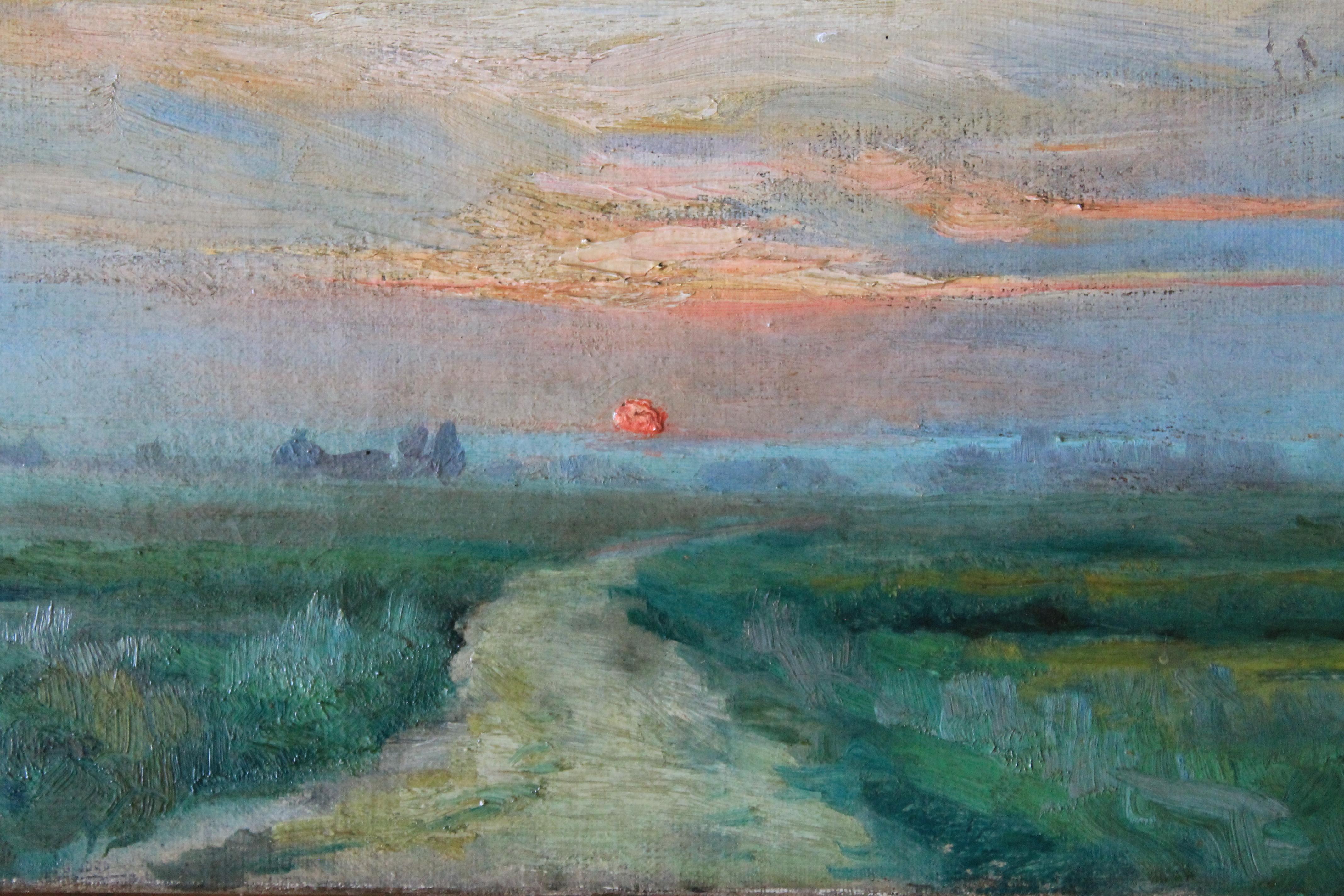 Antique landscape oil painting of a setting sun by Ernest Gaston Amas 2