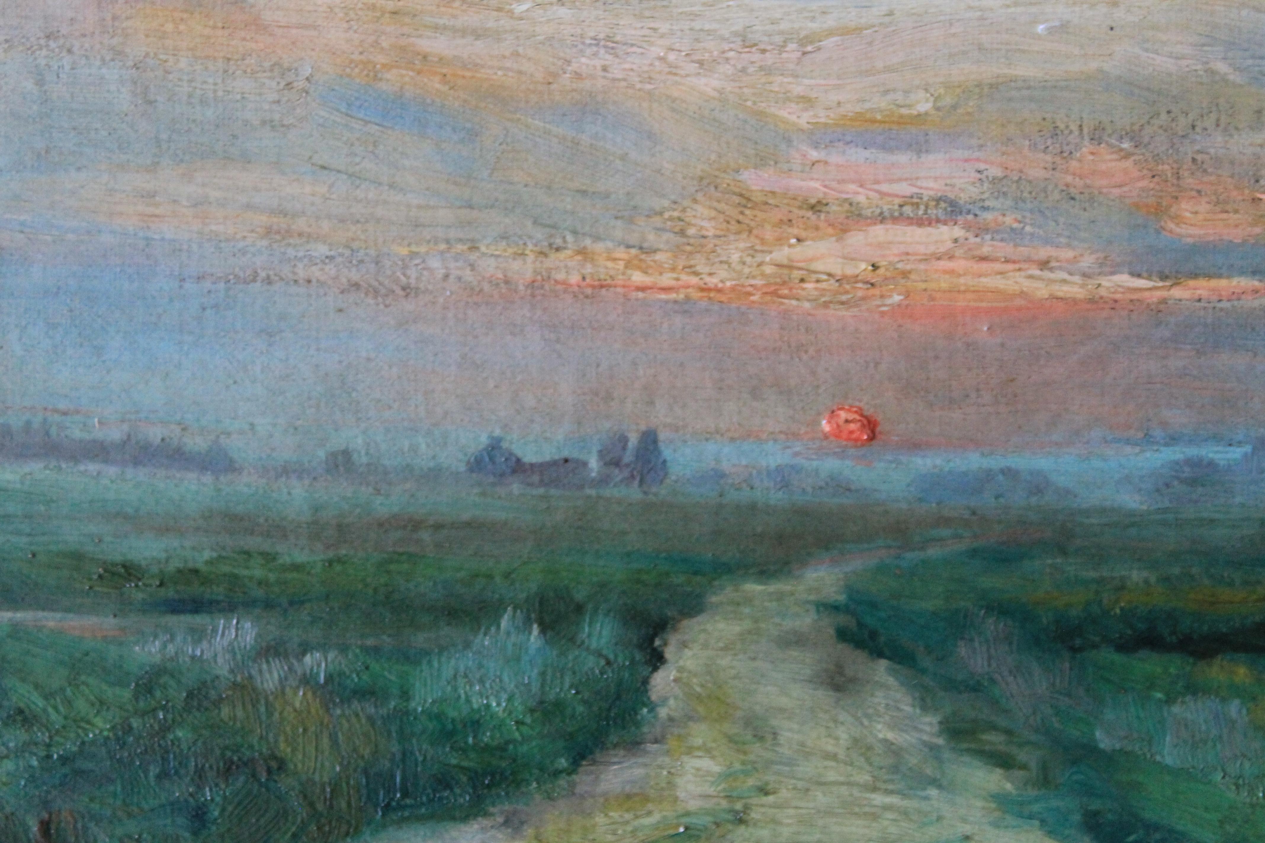 Antique landscape oil painting of a setting sun by Ernest Gaston Amas 3