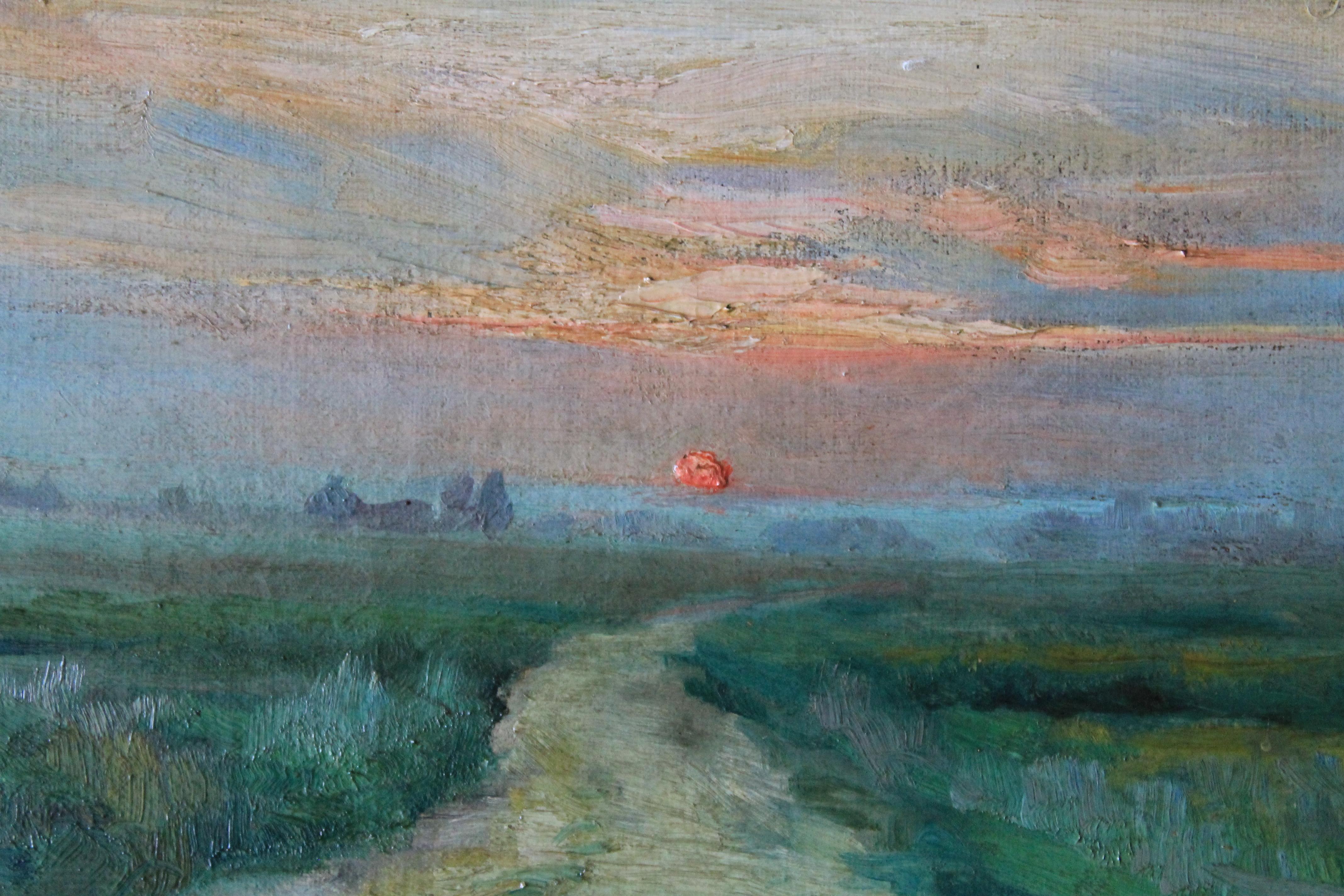 Antique landscape oil painting of a setting sun by Ernest Gaston Amas 4