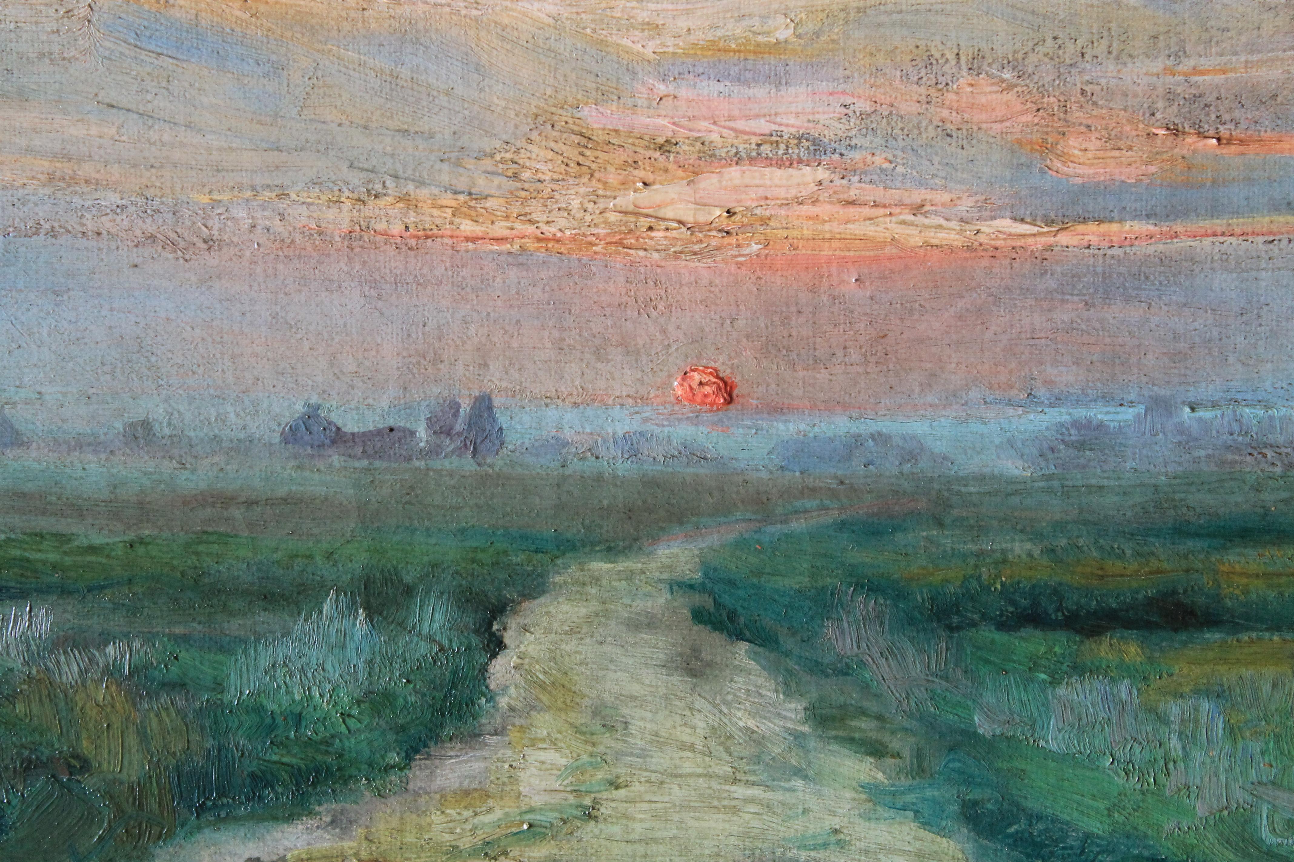 Antique landscape oil painting of a setting sun by Ernest Gaston Amas 5