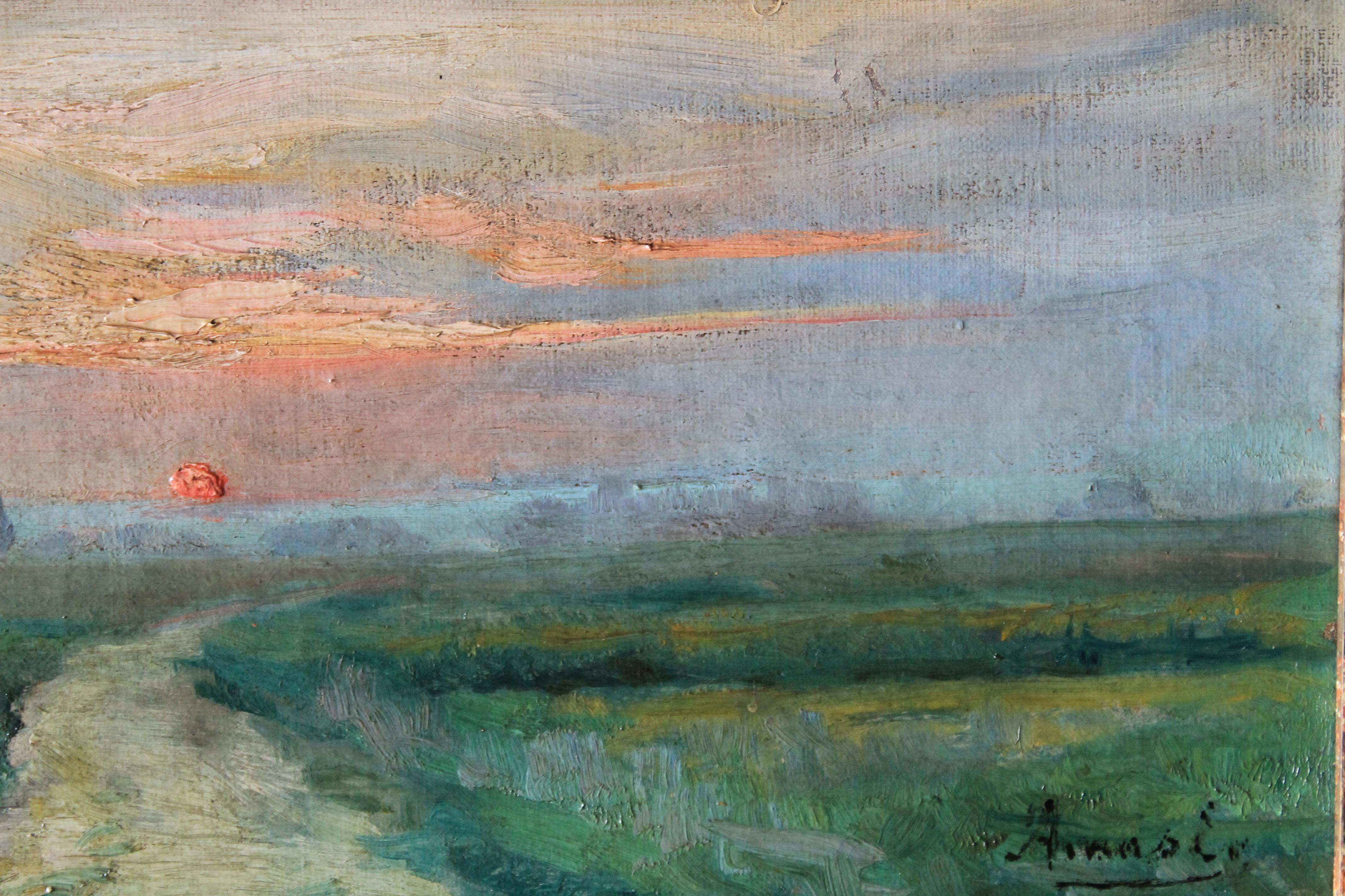 Antique landscape oil painting of a setting sun by Ernest Gaston Amas 6