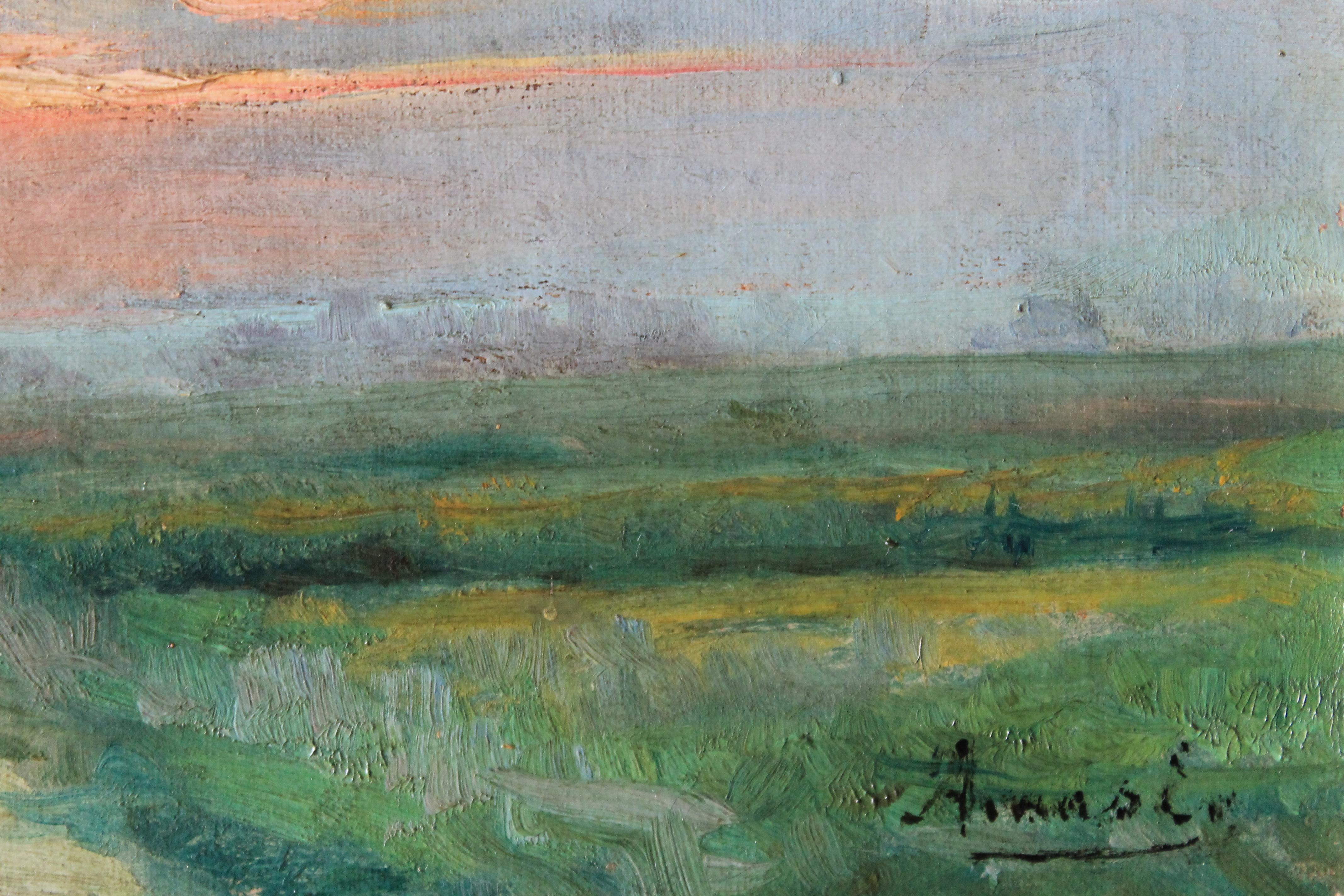 Antique landscape oil painting of a setting sun by Ernest Gaston Amas 7