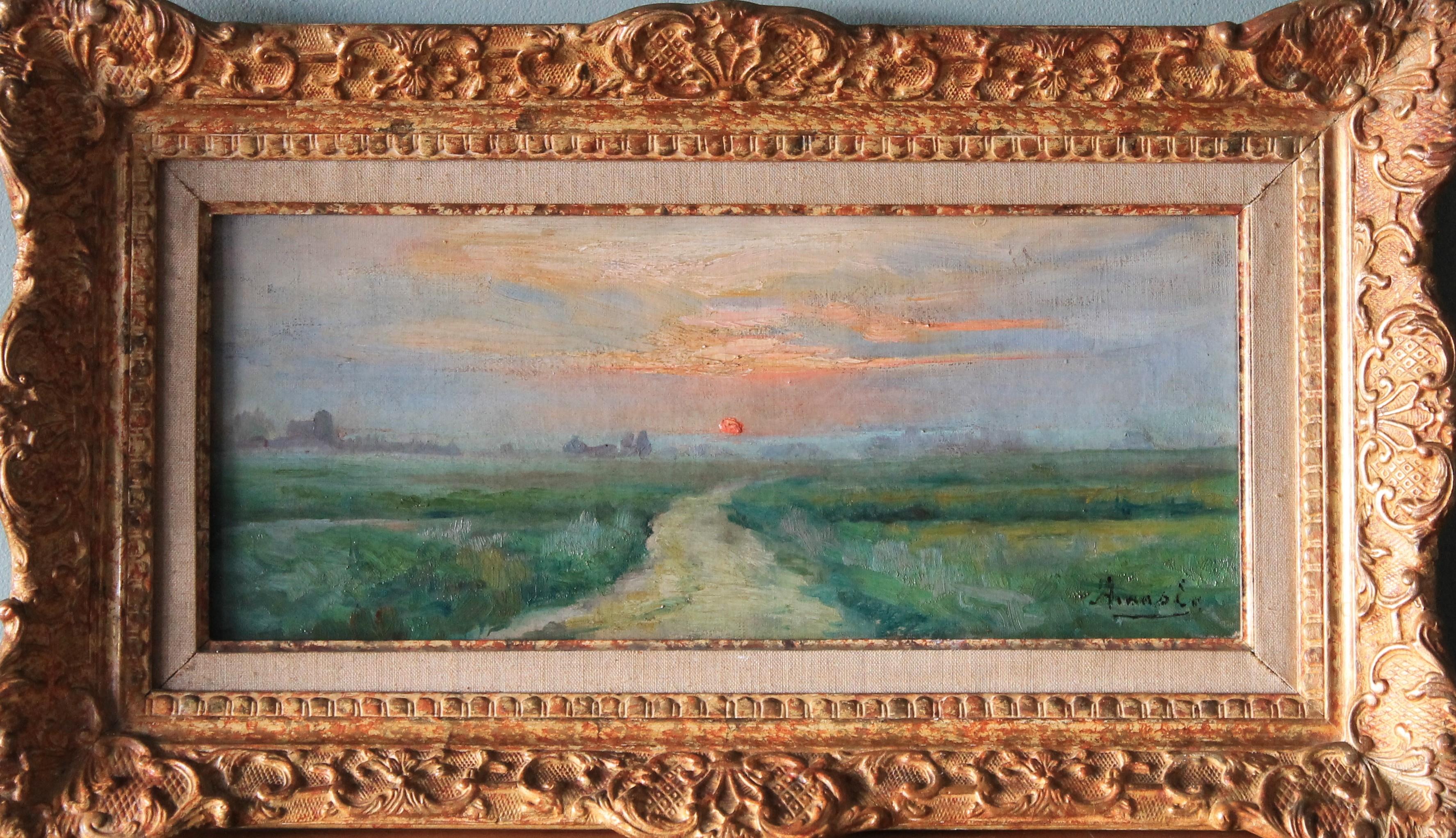 Antique French landscape oil painting of the setting sun by French artist, Ernest Gaston Amas (1869-1959) see photo.  A palette of the most wonderful hues has been laid on this canvas by an expert artist.  It is exceptional in its mastery.  A