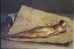 Antique still life oil painting of a herring, Fish oil painting