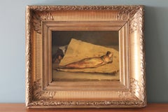 Antique still life oil painting of a herring, Fish oil painting