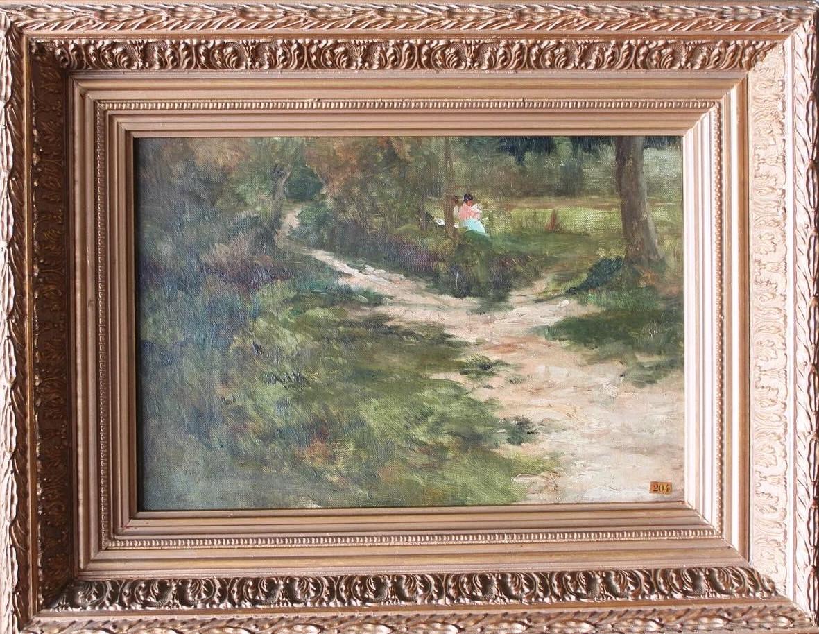 Antique French impressionist riverscape/landscape oil painting on wood board in a gilt frame, unsigned (see below).  This is a typical and charming late 19th Century French impressionist oil painting of a woman reading on the bank of a river.  This