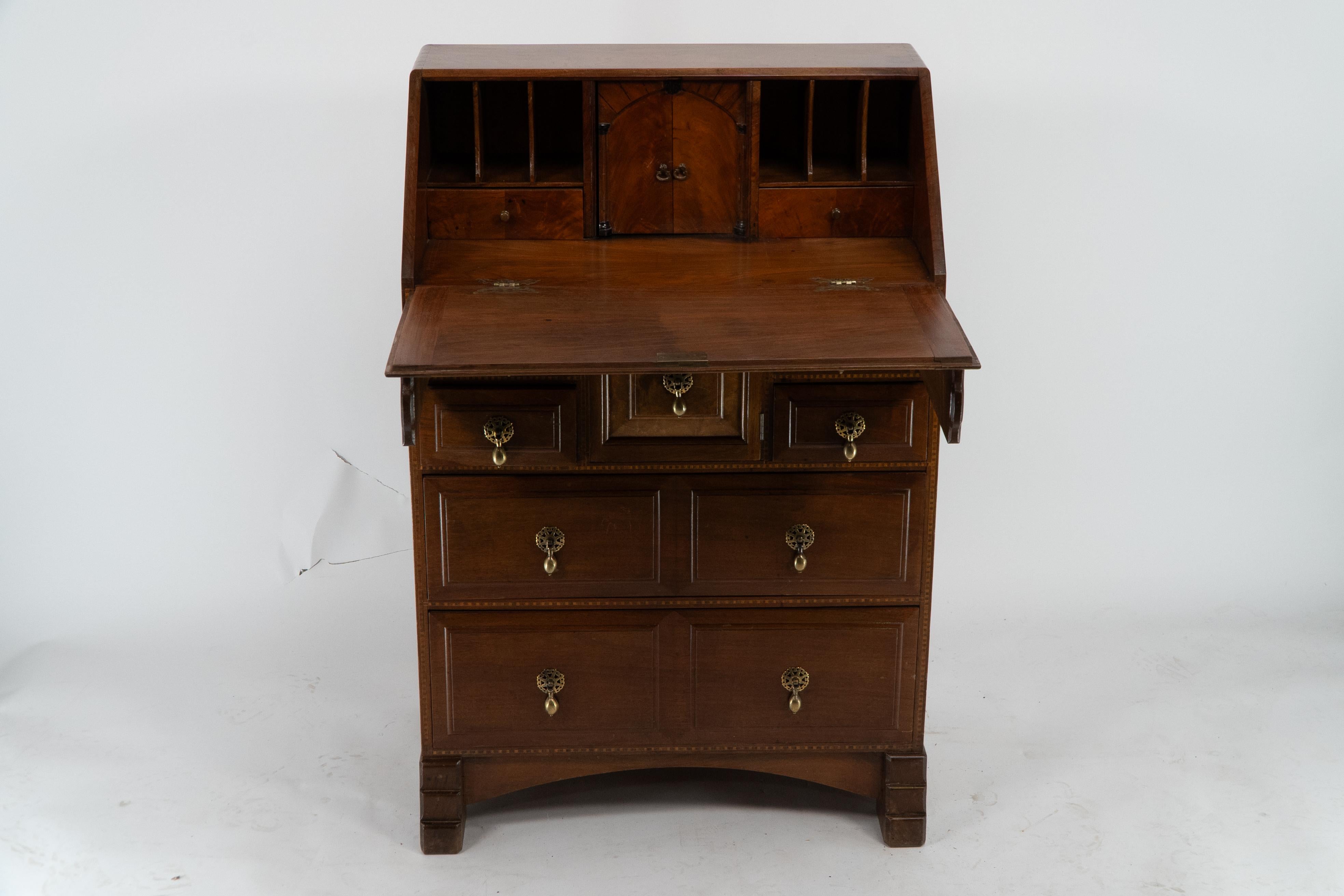 Arts and Crafts Ernest Gimson A walnut bureau inlaid with holly chequered string inlay. For Sale