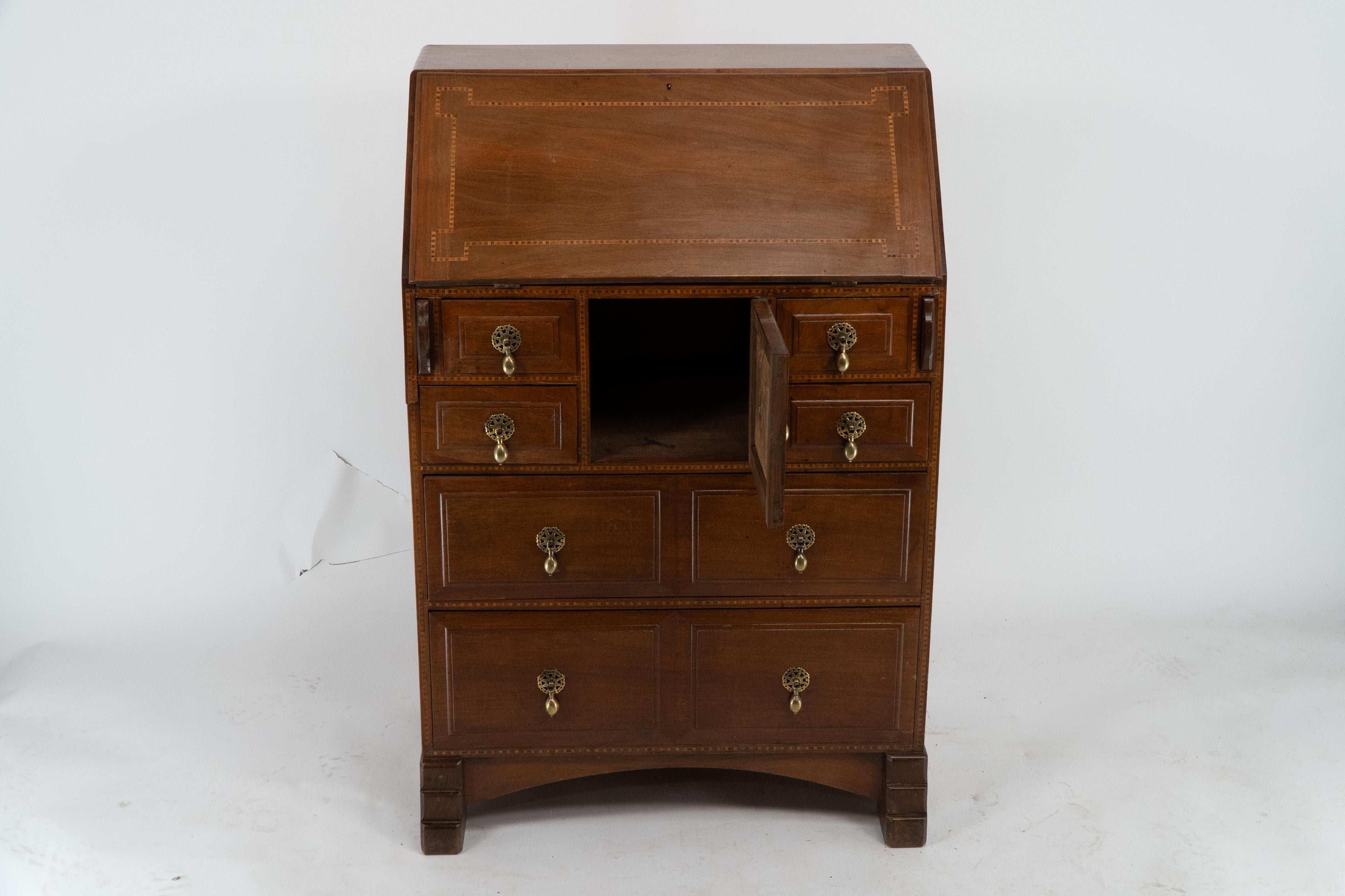 Early 20th Century Ernest Gimson A walnut bureau inlaid with holly chequered string inlay. For Sale