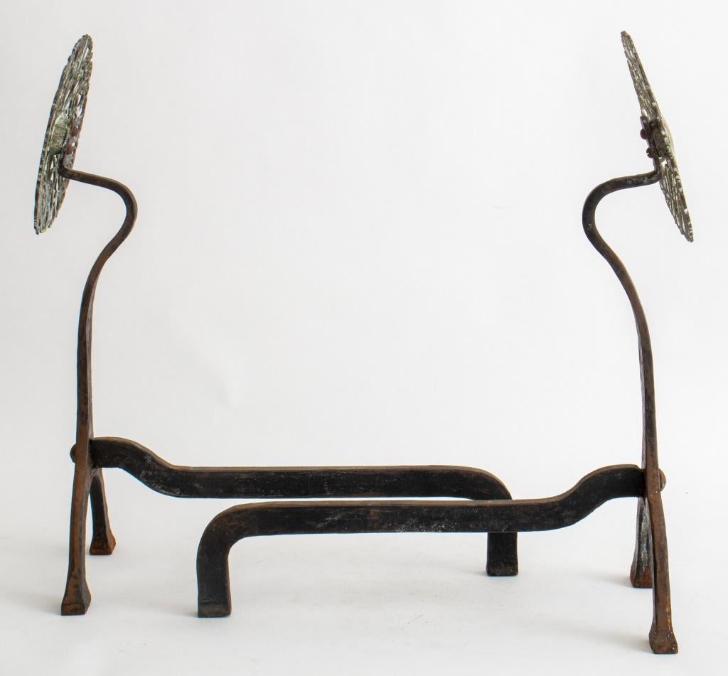 Pair of Ernest Gimson (English, 1864-1919) Attributed Andirons, circa 1900, with open work medallion to top. Each: 23