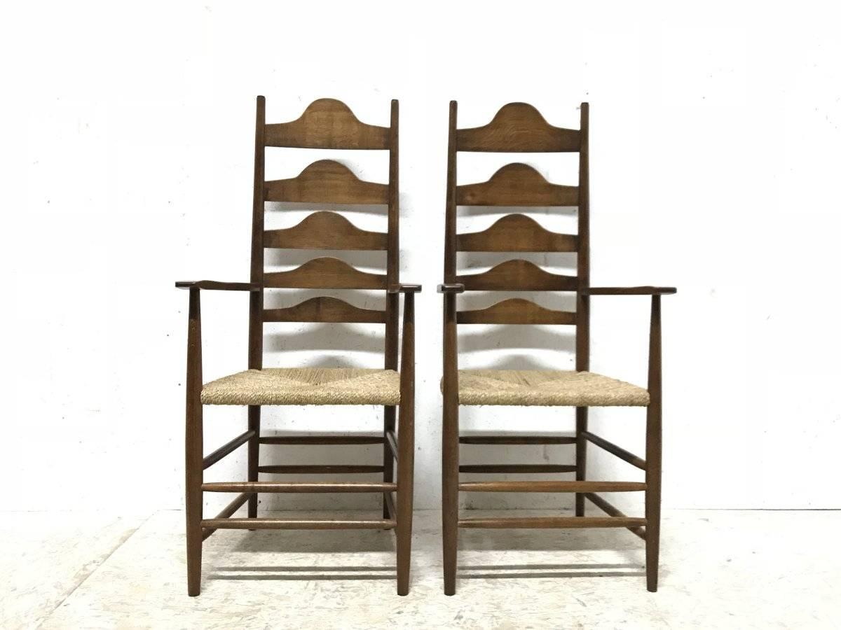 Arts and Crafts Ernest Gimson, Ten Arts & Crafts Cotswold School Oak Ladder Back Dining Chairs