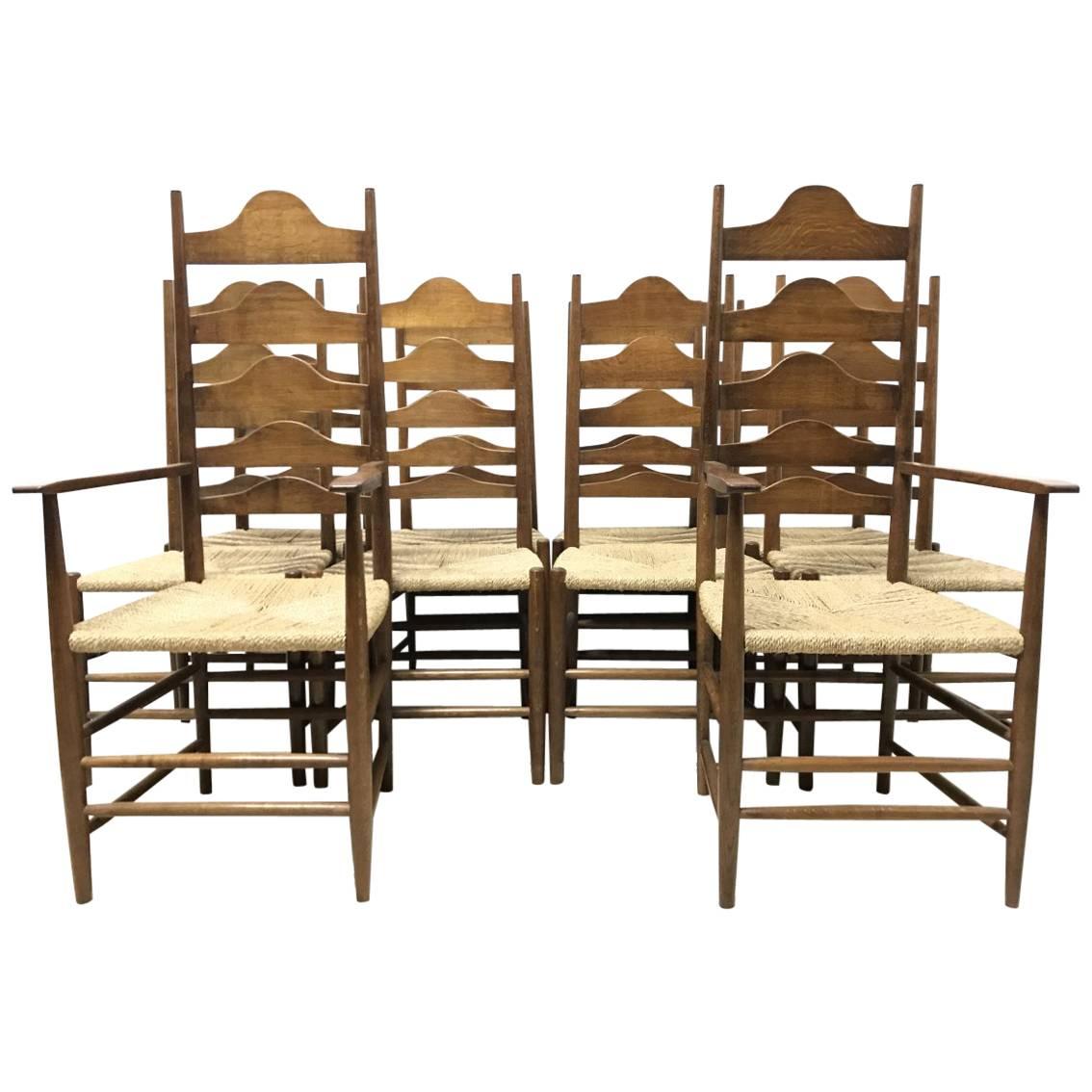 Ernest Gimson, Ten Arts & Crafts Cotswold School Oak Ladder Back Dining Chairs