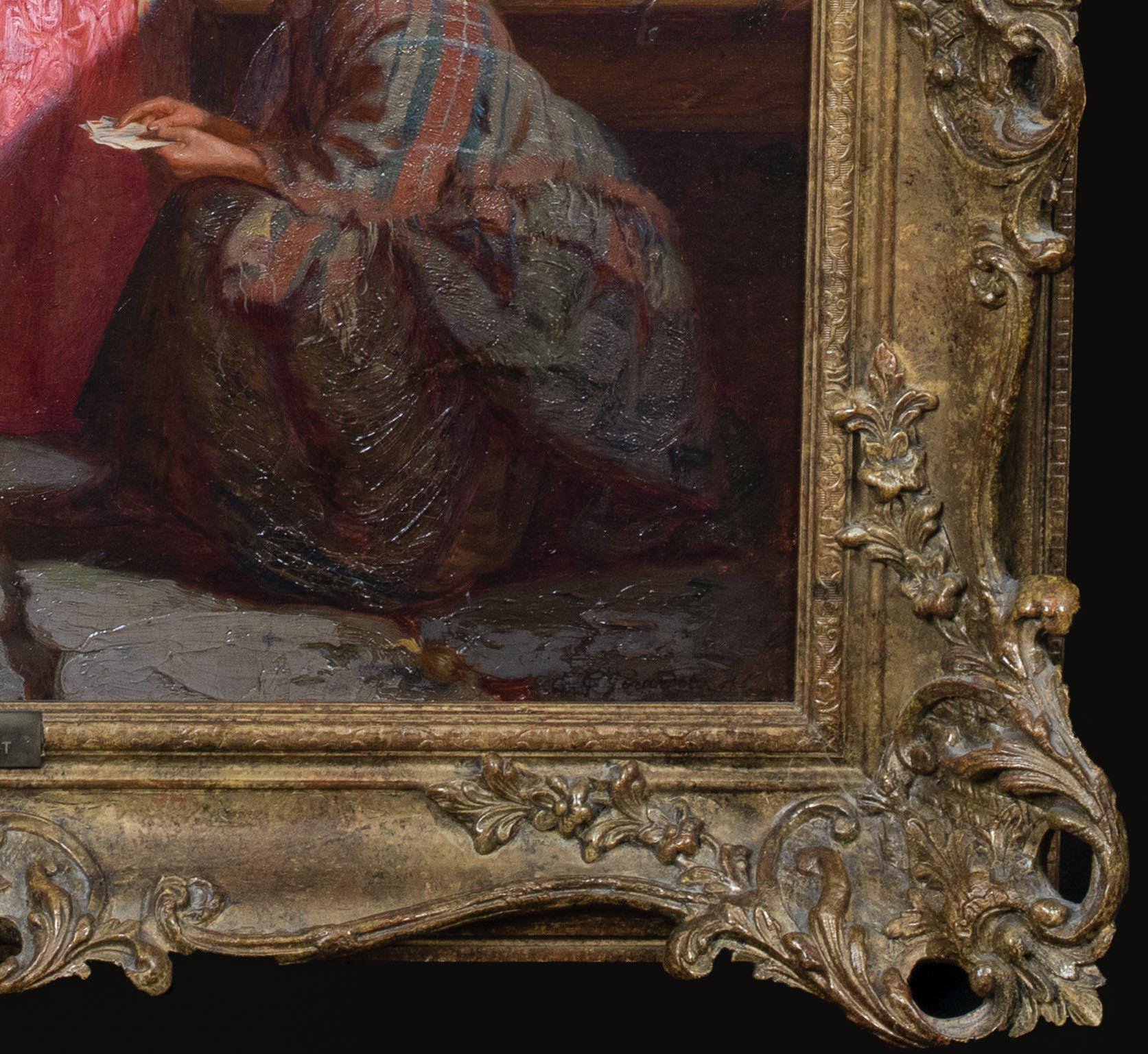 Ein Besuch bei der Wahrsagerin, 19. Jahrhundert

ERNEST GUSTAVE GIRARDOT (FRANZÖSISCH, 1840-1904)

Großes französisches Interieur des 19. Jahrhunderts mit zwei wohlhabenden jungen Frauen, die eine Wahrsagerin besuchen, Öl auf Leinwand von Ernest