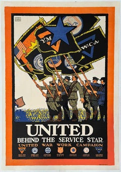 Cartel antiguo original de la Primera Guerra Mundial "Unidos tras la estrella de servicio