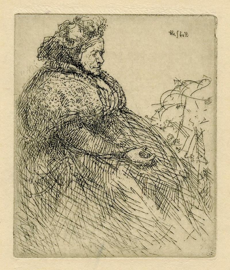 Four etchings
1) Washing Wool. etching, 3 x 2 inches
    Signed in pencil on the reverse
2) The Ragpicjer's Daughter, etching,  3 1/2 x 2 3/8 inches
     Signed and titled in pencil on the mount
3)  Cafe Artist, etching, 2 3/8 x 1 7/8 inches,