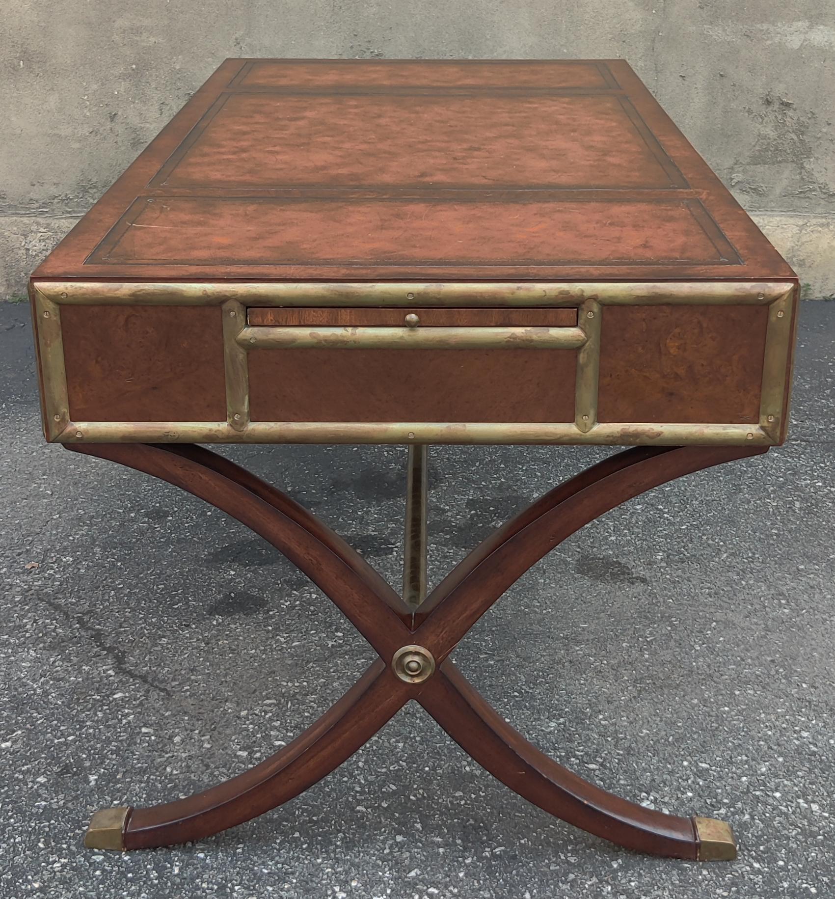 Ernest Hemingway Thomasville Campaign Style Leather Brass Mahogany Desk & Chair In Good Condition In Philadelphia, PA