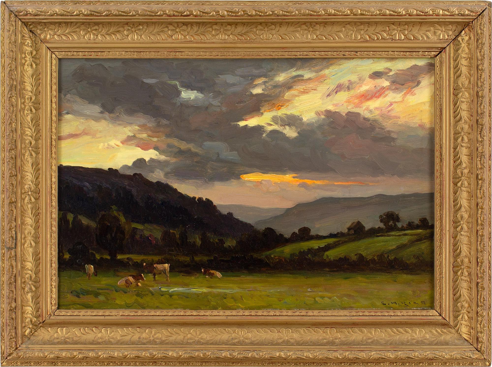 This early 20th-century oil painting by British artist Ernest Higgins Rigg (1868-1947) depicts a view in Swaledale, Yorkshire, with a sunset.

While in Paris training at the Académie Julian, Rigg became influenced by the French Impressionists. He