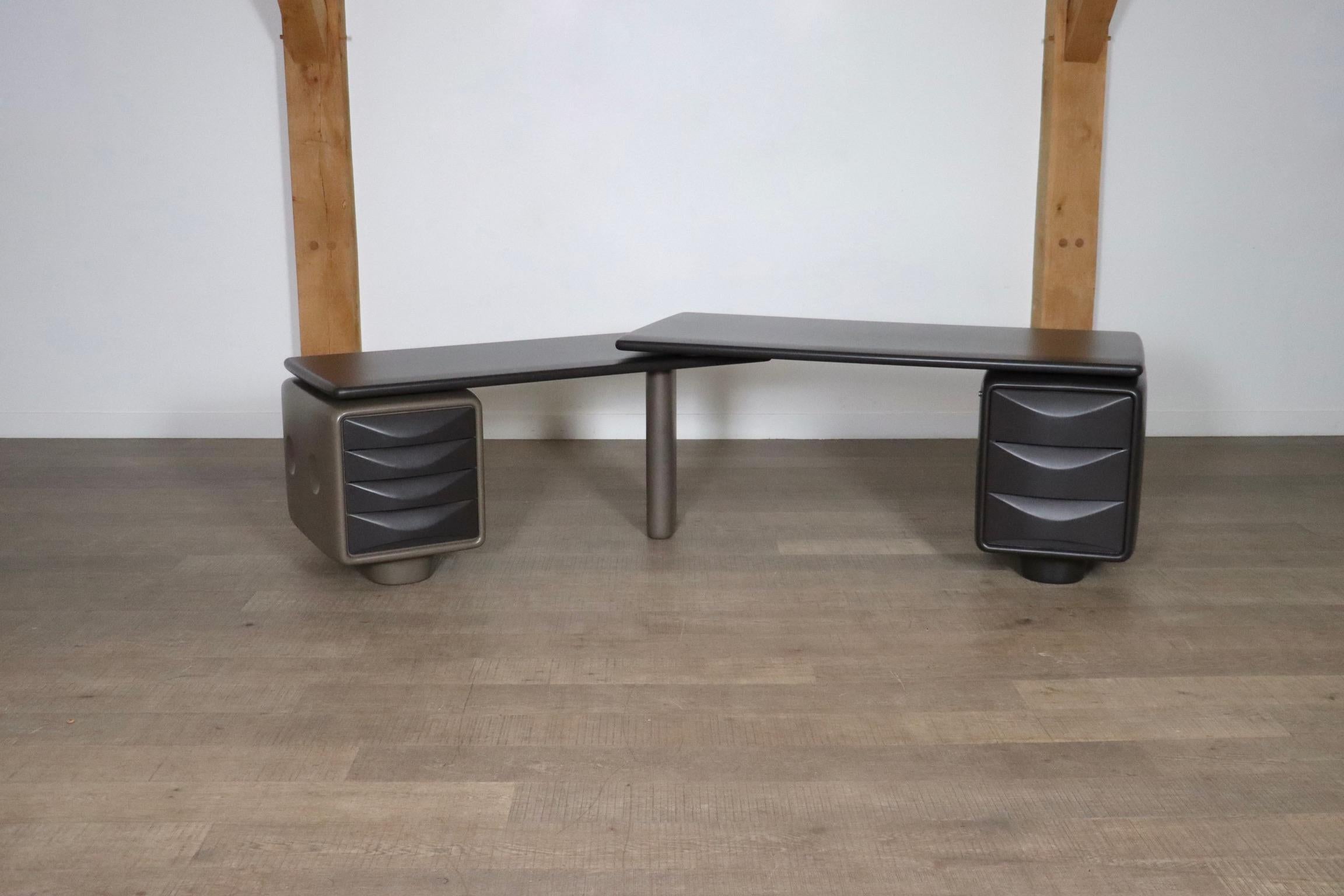 Extremely rare Space Age corner desk model “Jet” by Ernest Igl for Wilhelm Werndl designed and produced in Germany, 1969.

A futuristic design, with a clever movable construction, allowing to position it as a long, straight desk, or as a corner desk