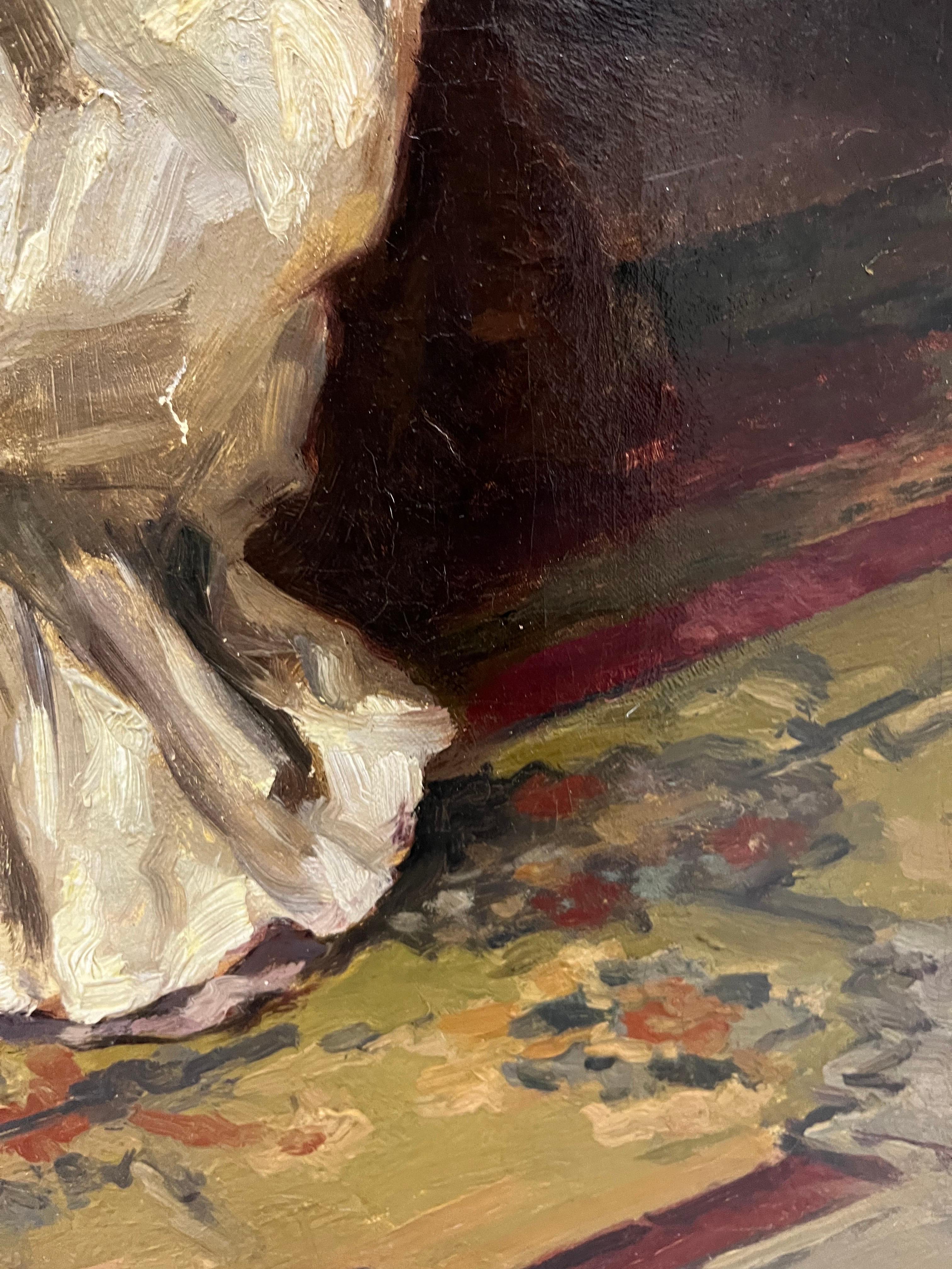 Elegante Frau im Wohnzimmer , Impressionist, Frau, Inneneinrichtung, 19. Jahrhundert 1898ca im Angebot 6