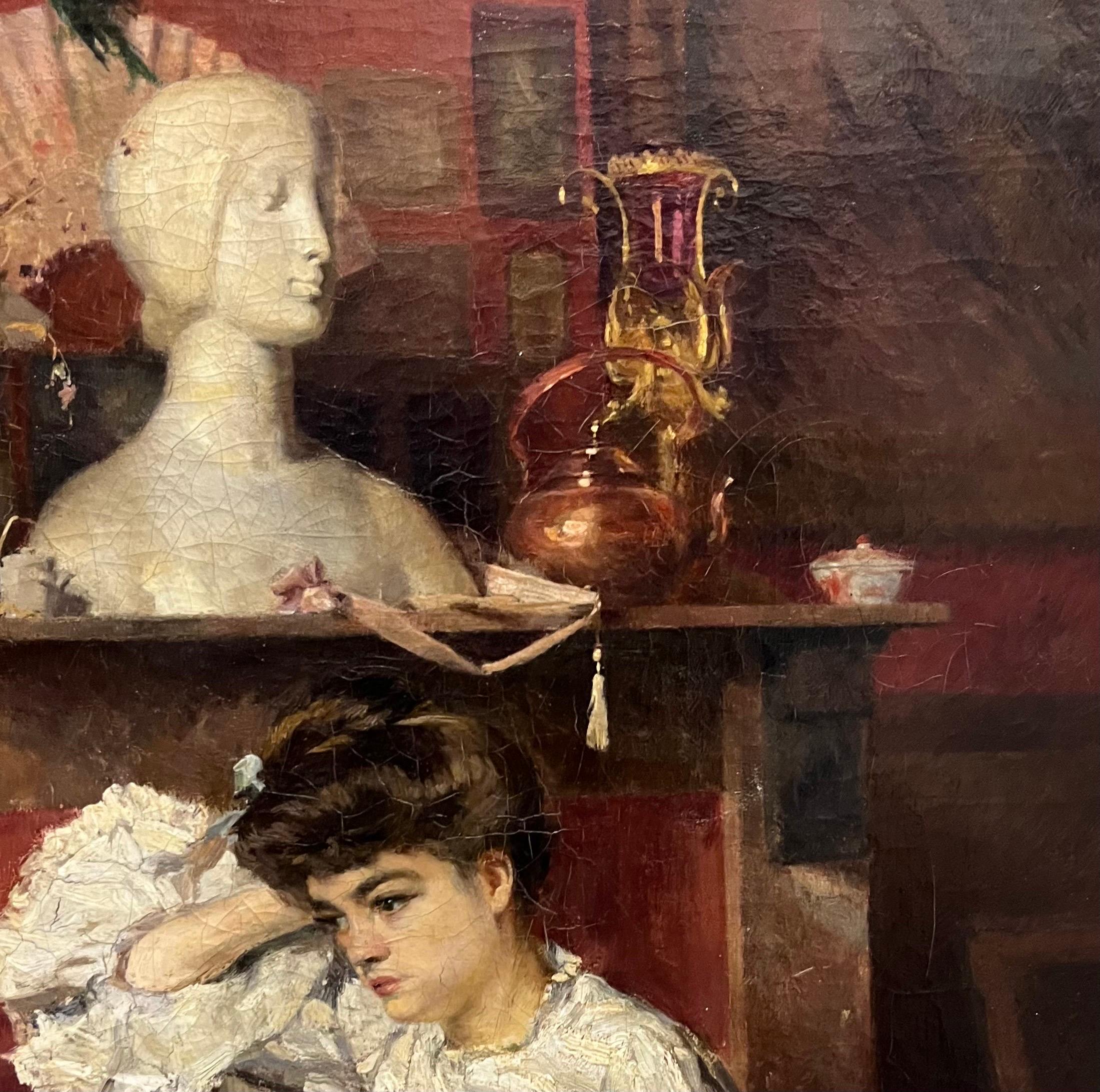 Elegante Frau im Wohnzimmer , Impressionist, Frau, Inneneinrichtung, 19. Jahrhundert 1898ca im Angebot 8