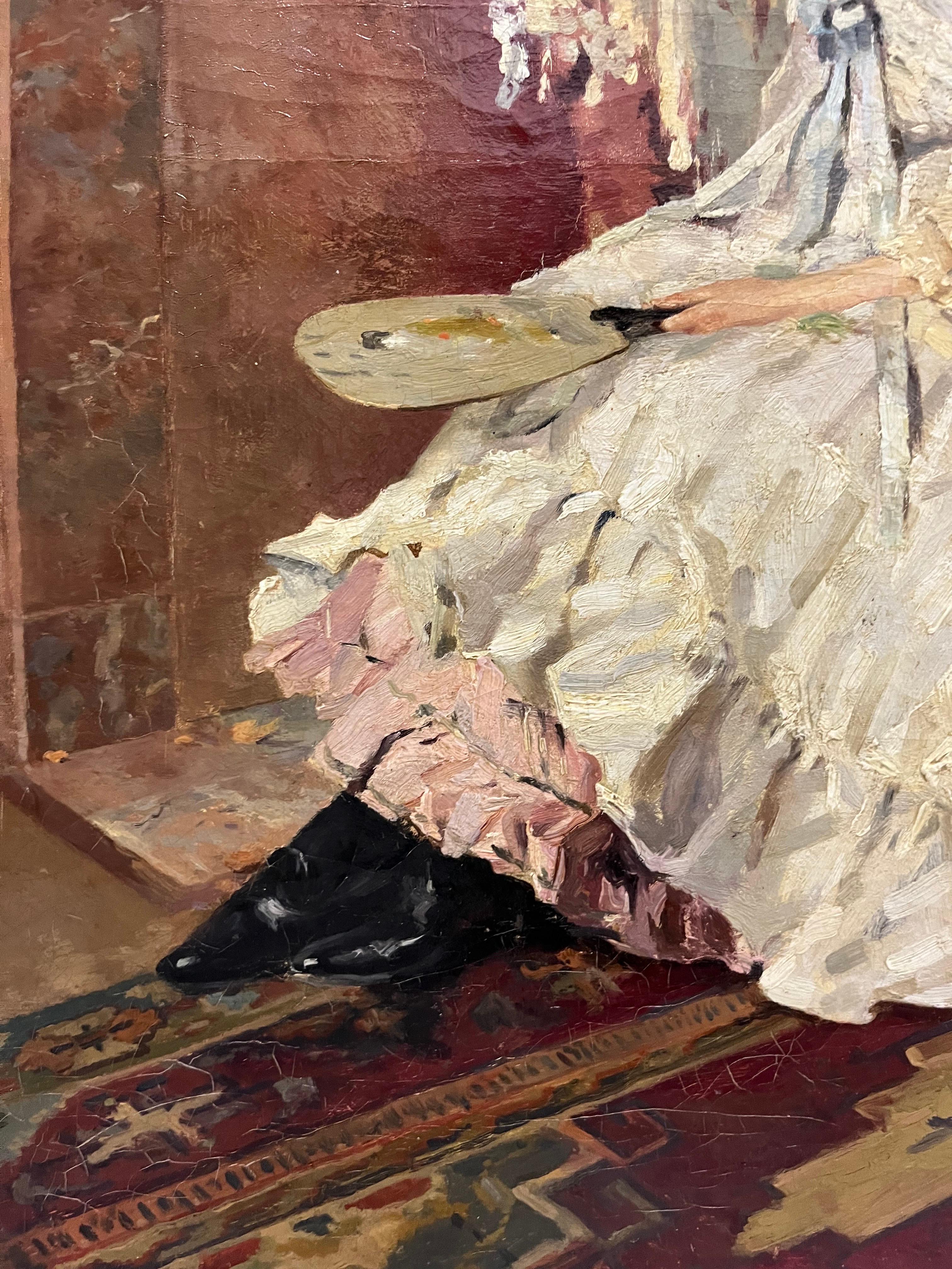 Elegante Frau im Wohnzimmer , Impressionist, Frau, Inneneinrichtung, 19. Jahrhundert 1898ca im Angebot 9