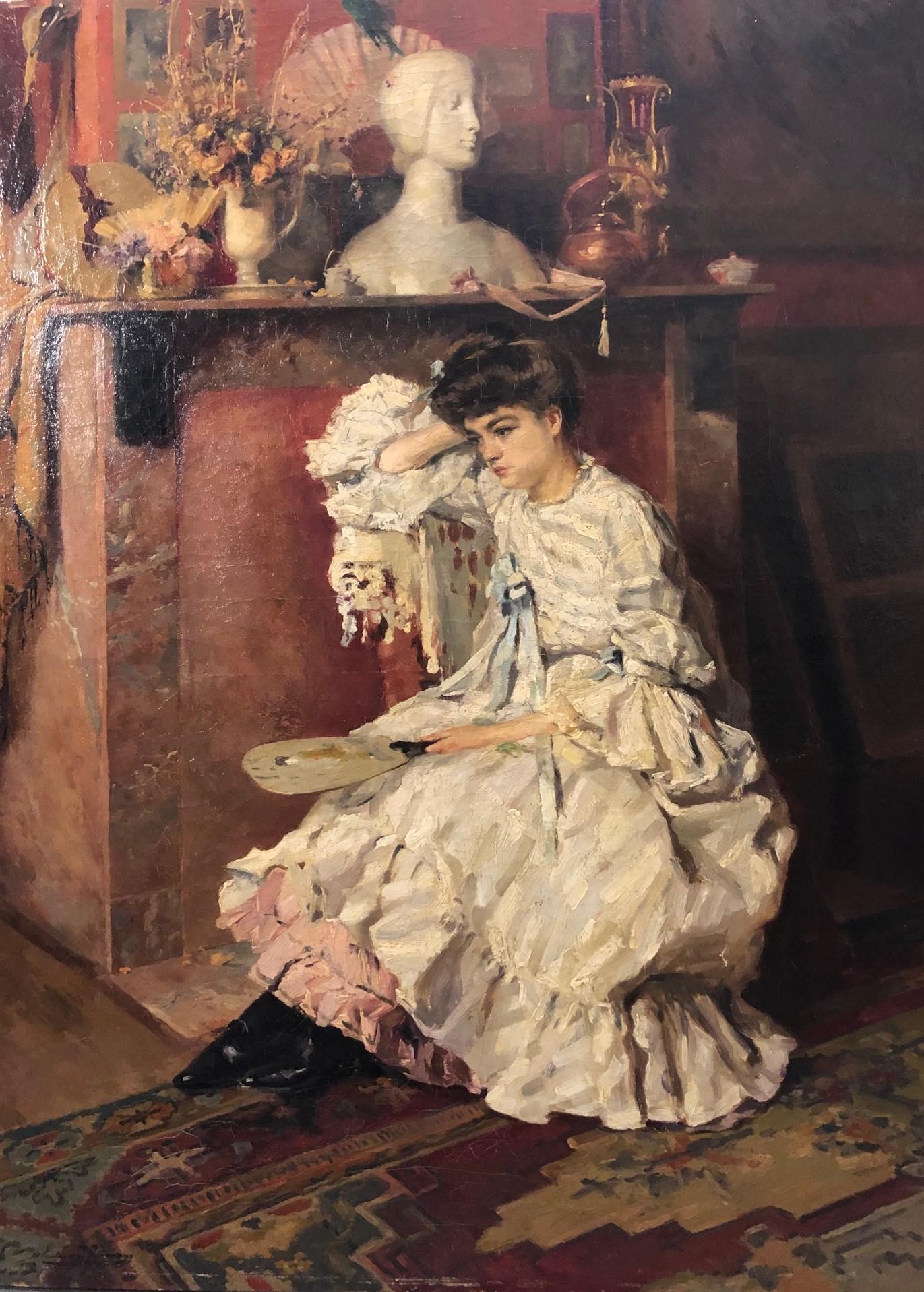 Elegante Frau im Wohnzimmer , Impressionist, Frau, Inneneinrichtung, 19. Jahrhundert 1898ca – Painting von Ernest Jean Joseph GODFRINON