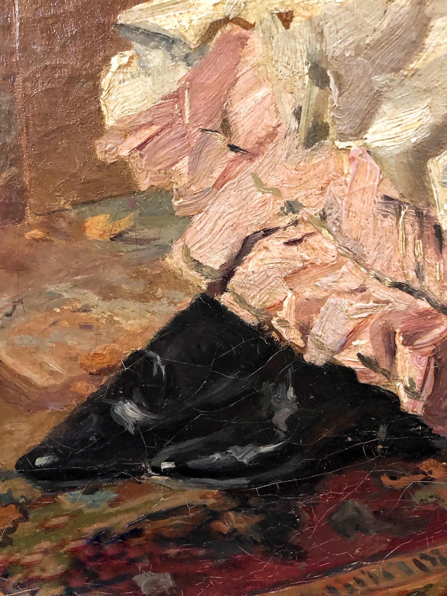 Elegante Frau im Wohnzimmer , Impressionist, Frau, Inneneinrichtung, 19. Jahrhundert 1898ca im Angebot 1