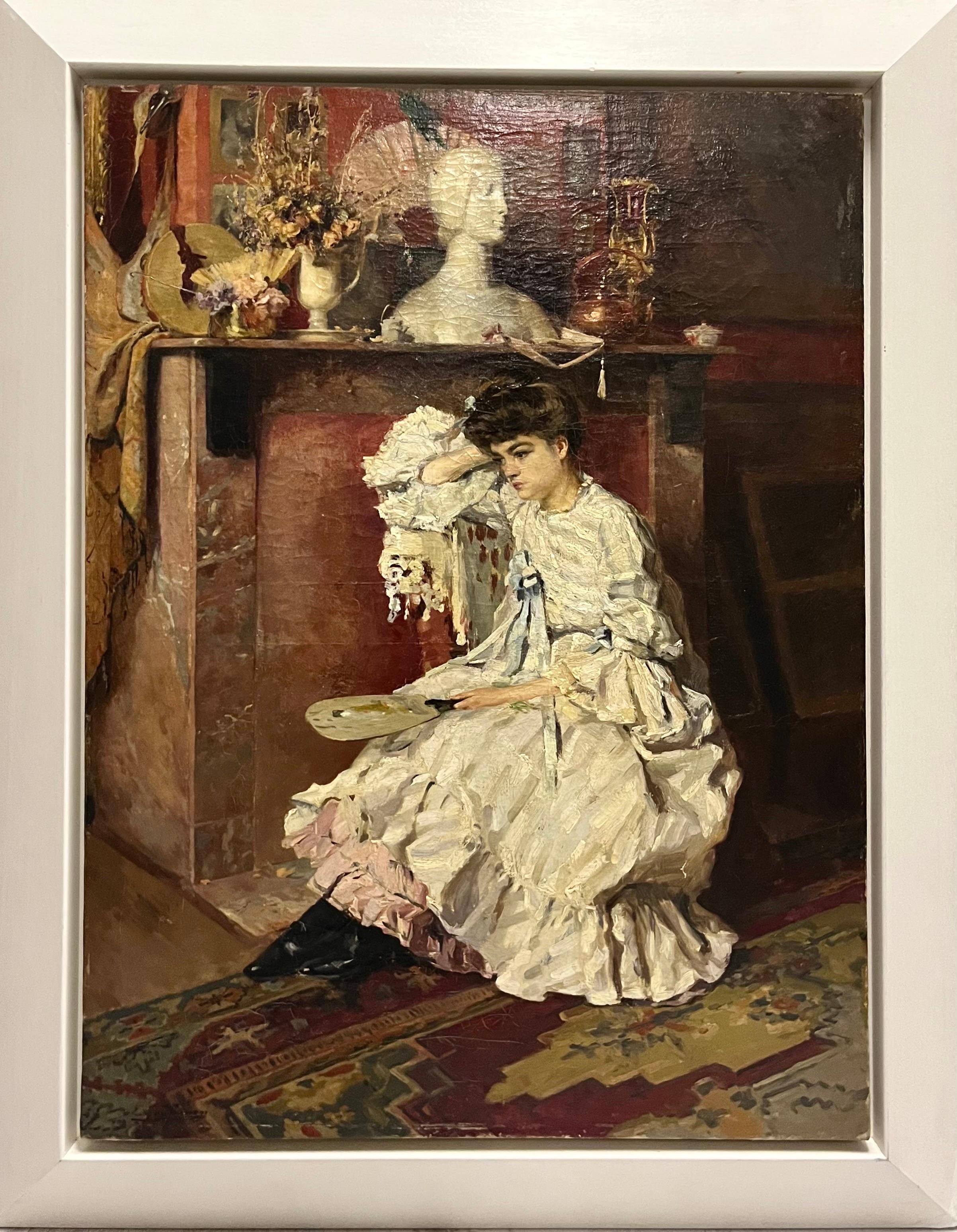 Ernest Jean Joseph GODFRINON Figurative Painting - Elegant woman in the living room , Impressionist, Woman, Interior, 19 th 1898ca