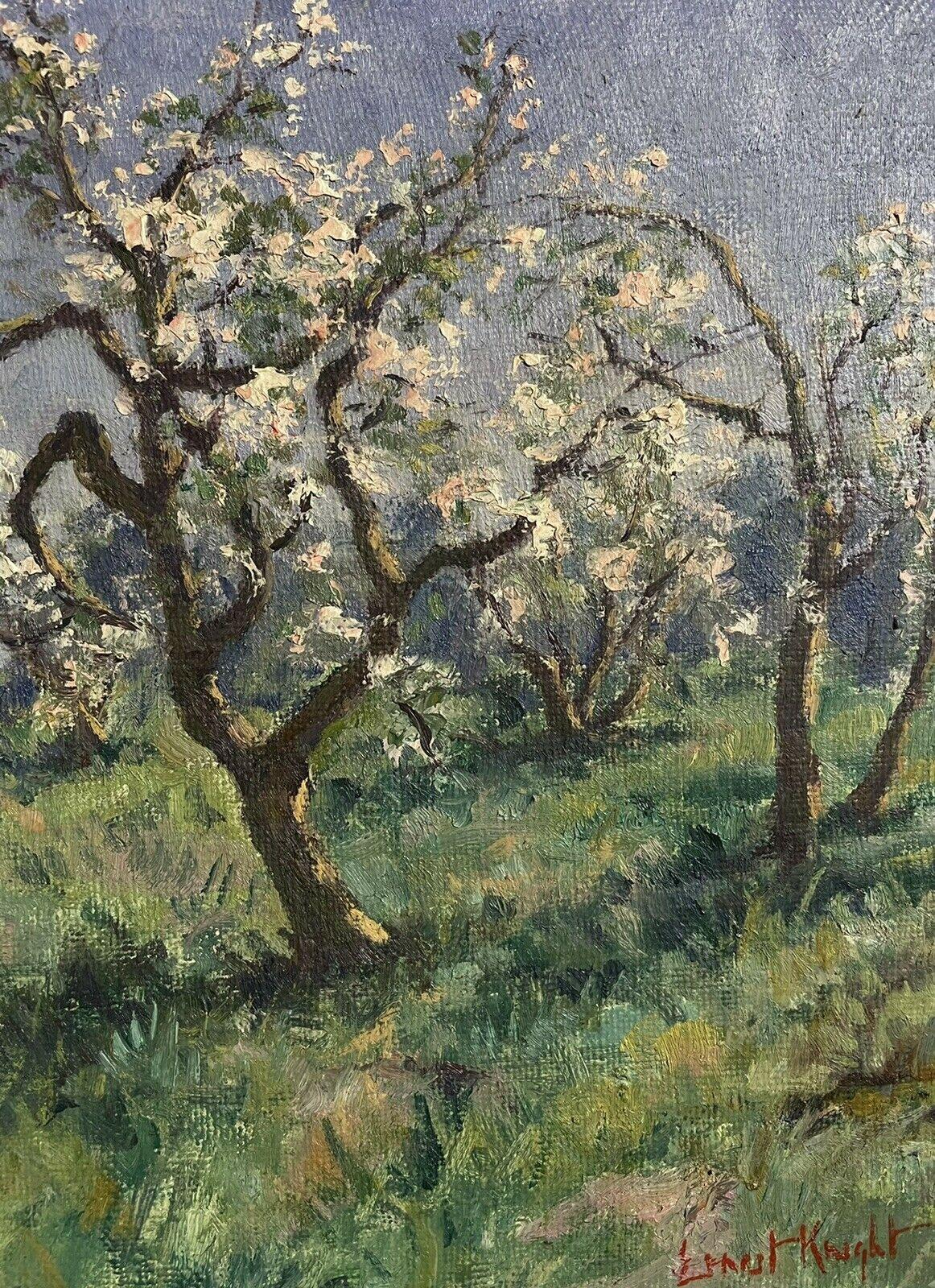 Artist/ School: Ernest Knight (British 1915-1995), signed lower corner

Title: Orchard in Blossom

Medium: oil painting on canvas, framed

Size:

framed: 17.25 x 21.25 inches
canvas:  14 x 18 inches

Provenance: private collection,