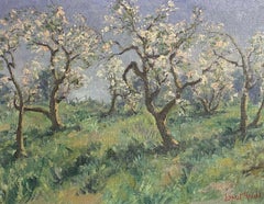 Orchard Trees with Blossom, Spring Landscape, Signed English Oil Painting
