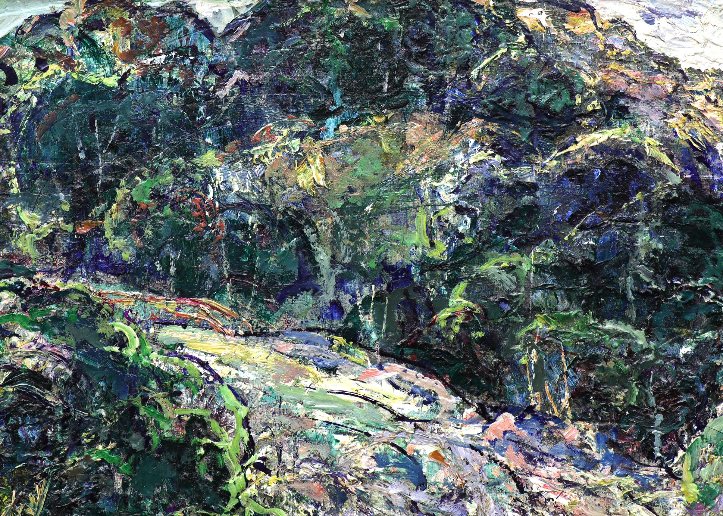 1920s Colorado Mountain Landscape Oil Painting Farm, Jewel Tones Green Purple 1