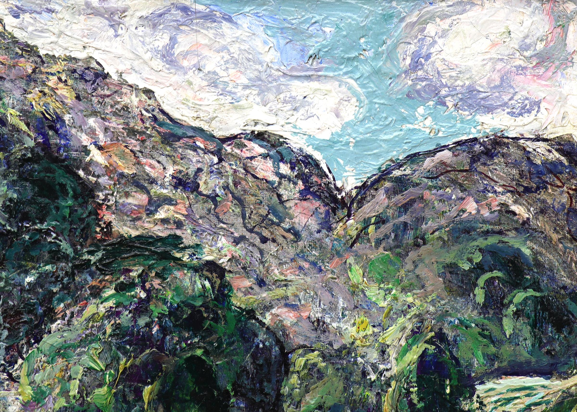 1920s Colorado Mountain Landscape Oil Painting Farm, Jewel Tones Green Purple 2