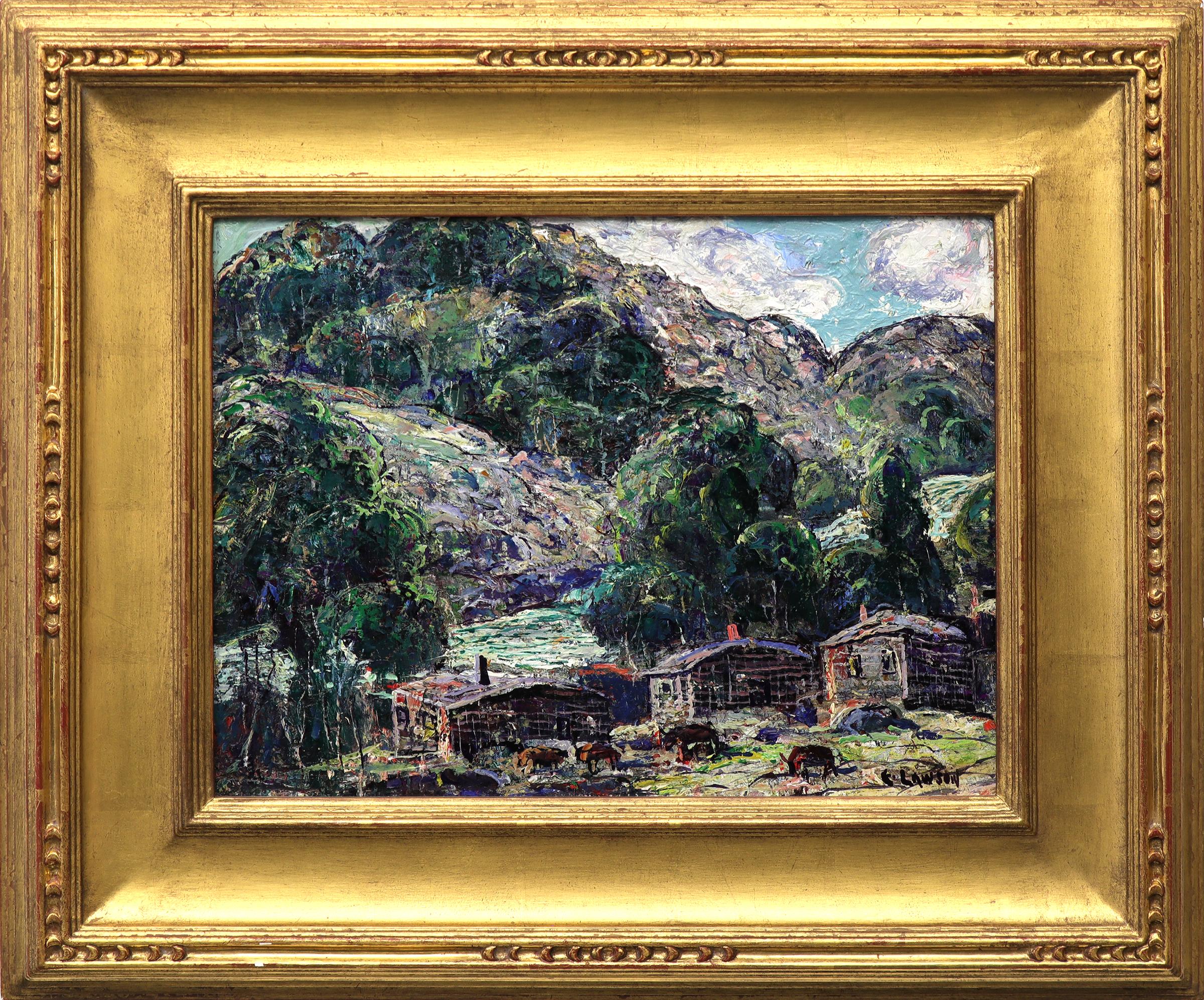 Ernest Lawson Landscape Painting - 1920s Colorado Mountain Landscape Oil Painting Farm, Jewel Tones Green Purple