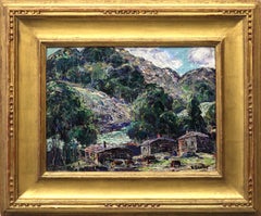 Antique 1920s Colorado Mountain Landscape Oil Painting Farm, Jewel Tones Green Purple