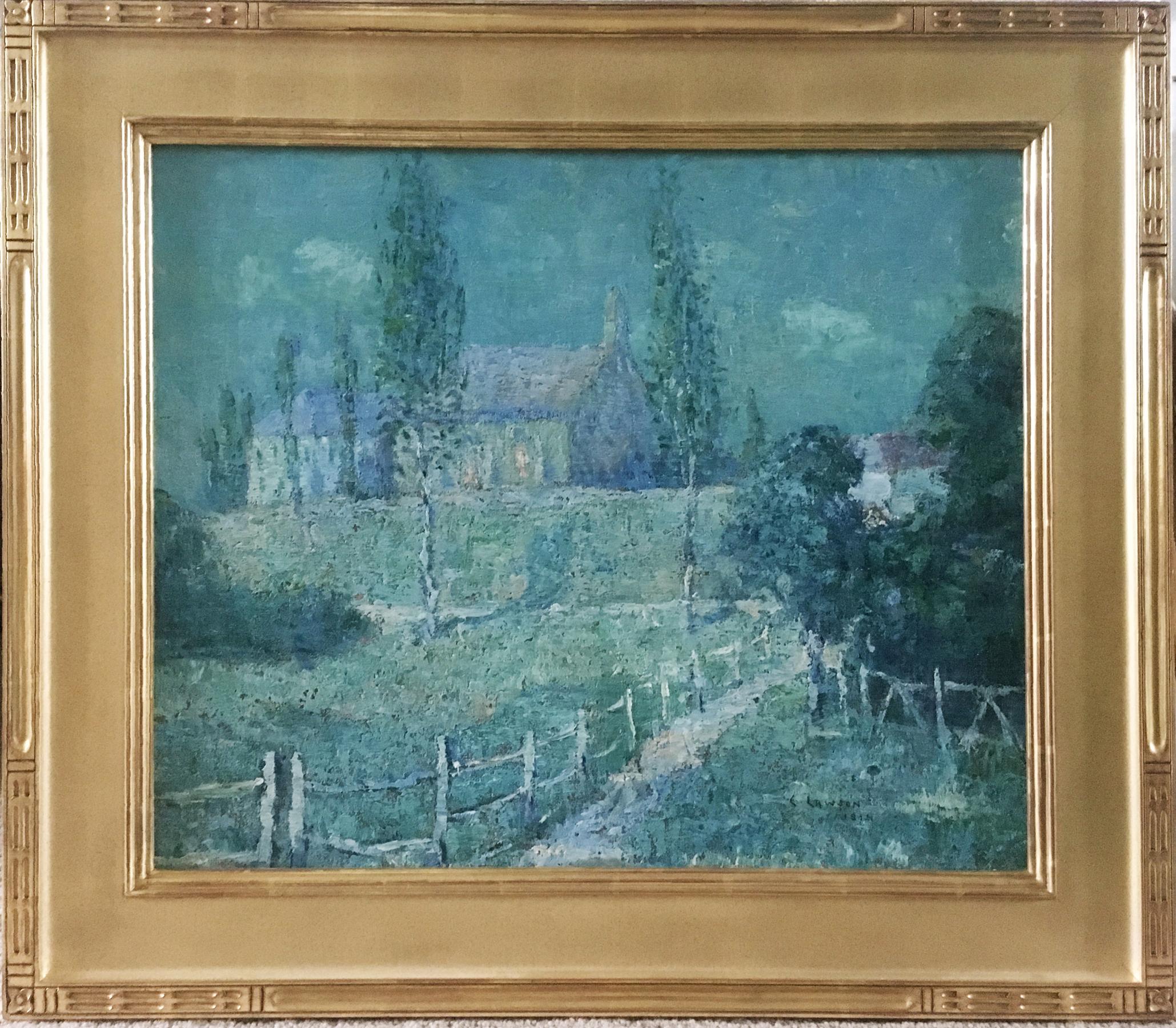 "Evening Scene" by Ernest Lawson is a 20" x 24" oil on canvas impressionist landscape, painted in 1914. The painting is signed "E Lawson 1914" in the lower right. It is framed in a 22K reproduction frame. The provenance is: Bianco Gallery, private