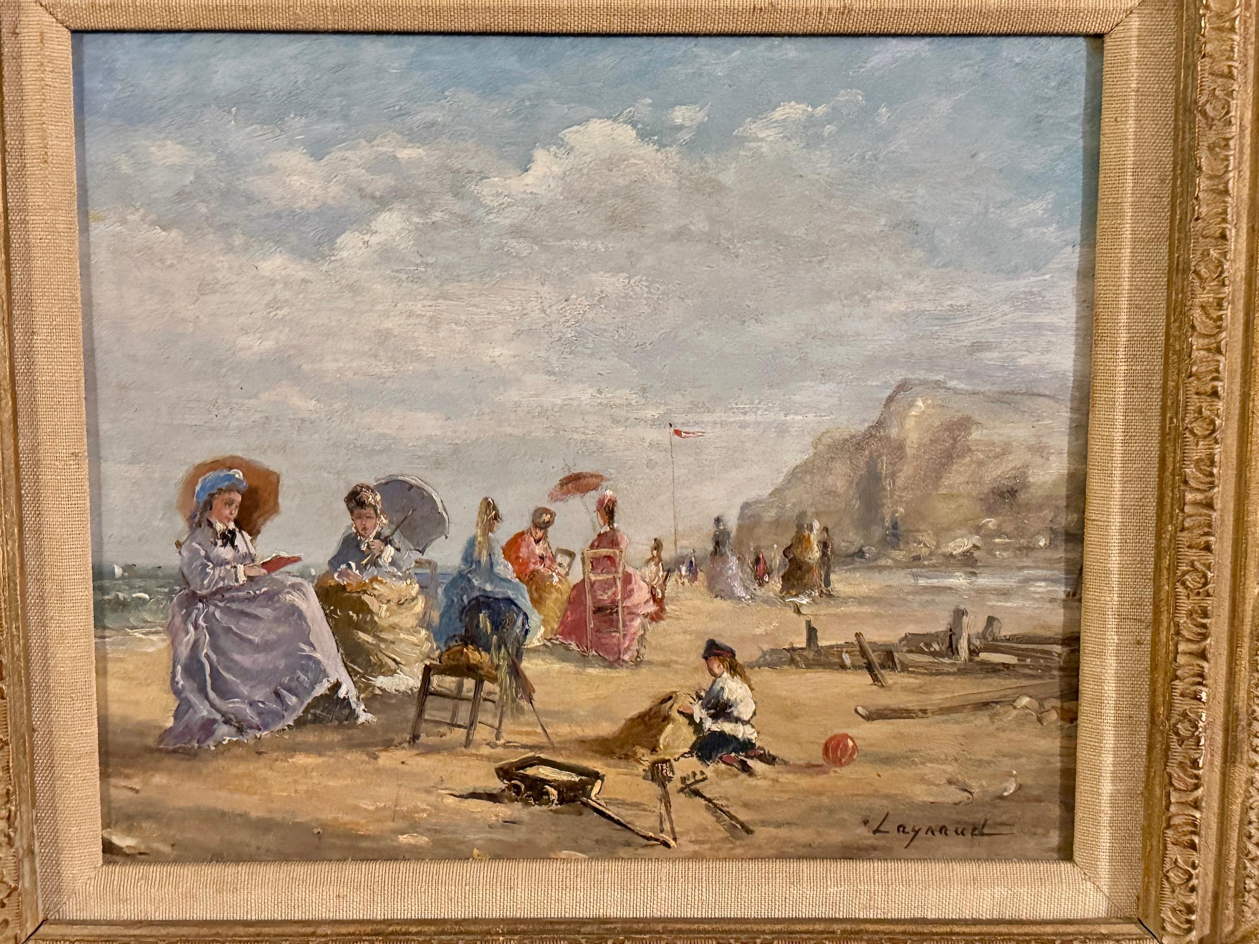 19th C French figures on a Summer beach, with Children building sand castles – Painting von Ernest Laynaud