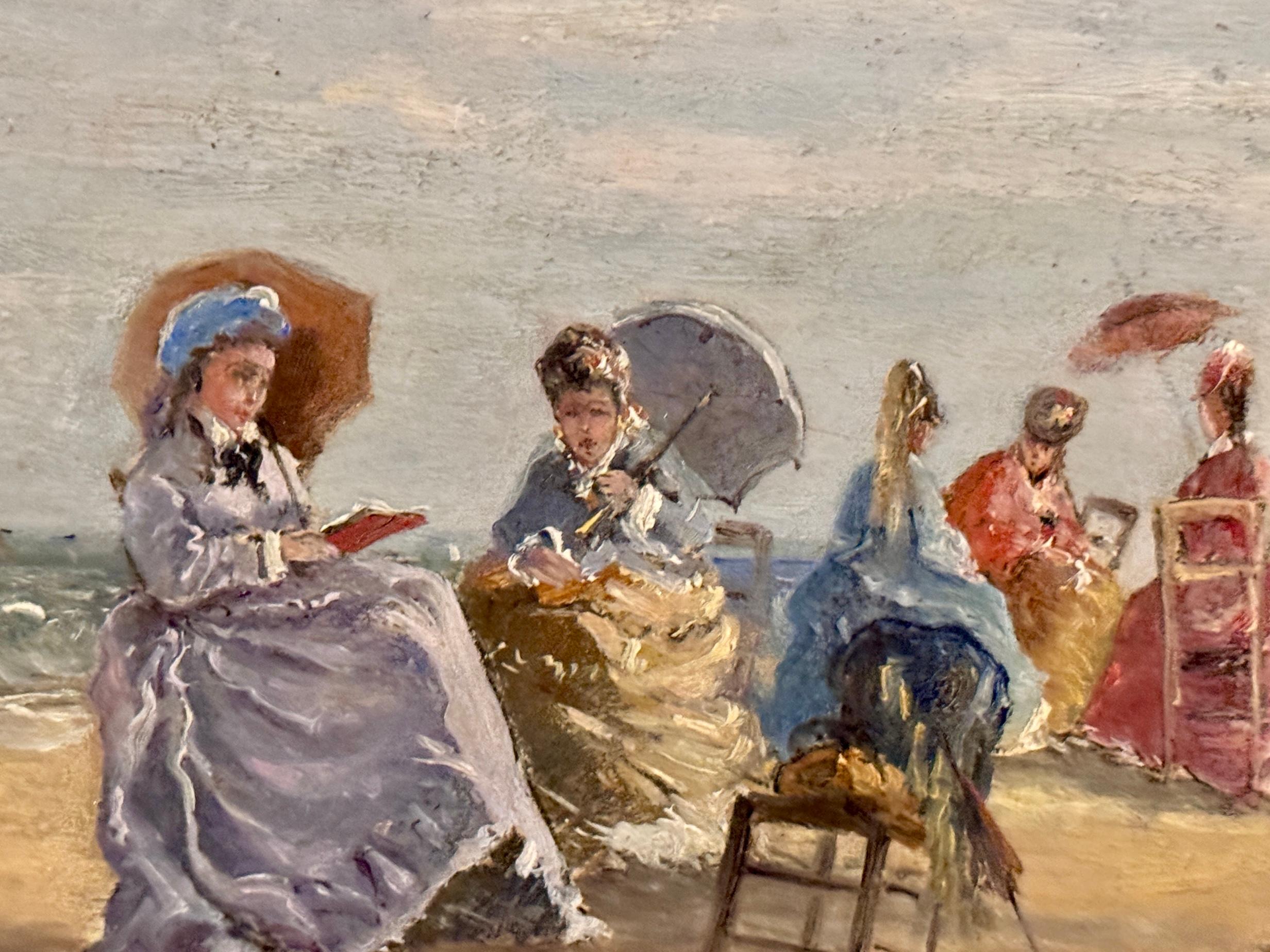 19th C French figures on a Summer beach, with Children building sand castles (Impressionismus), Painting, von Ernest Laynaud
