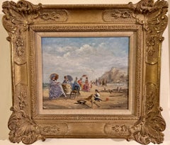 19th C French figures on a Summer beach, with Children building sand castles